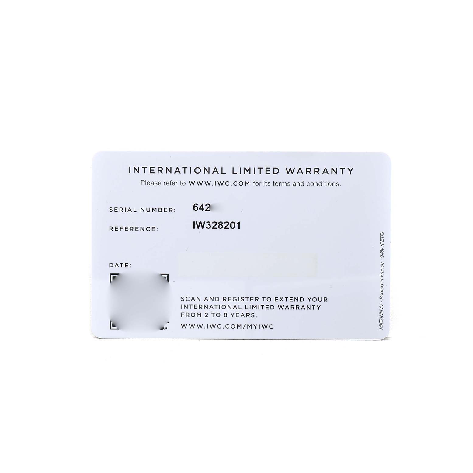 The image shows the warranty card for the IWC Pilot IW328201 Men's Stainless Steel Black Dial model watch.