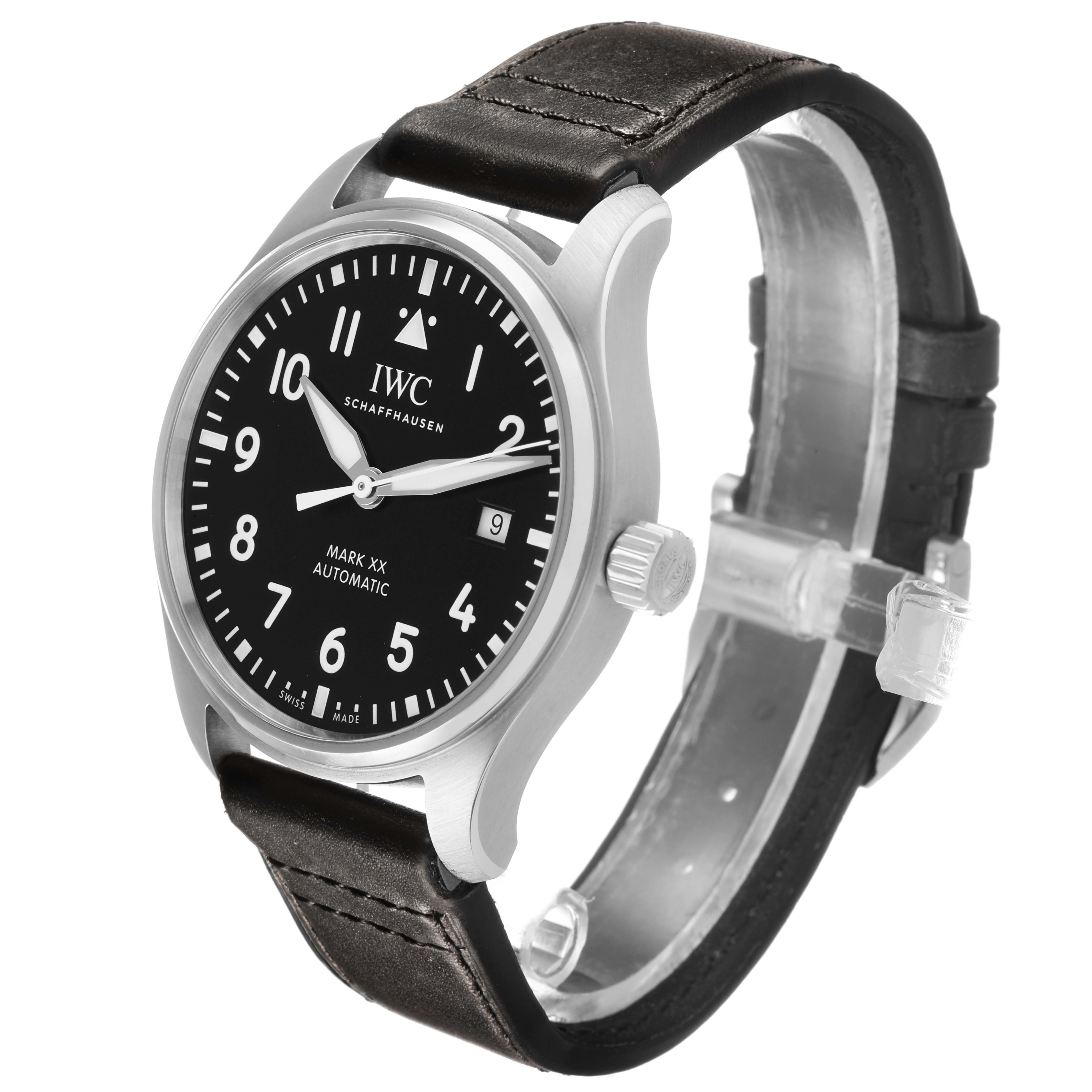 The IWC Pilot IW328201 Men's Stainless Steel Black Dial Mark XX watch is shown at a three-quarter angle, displaying the dial, crown, and leather strap.