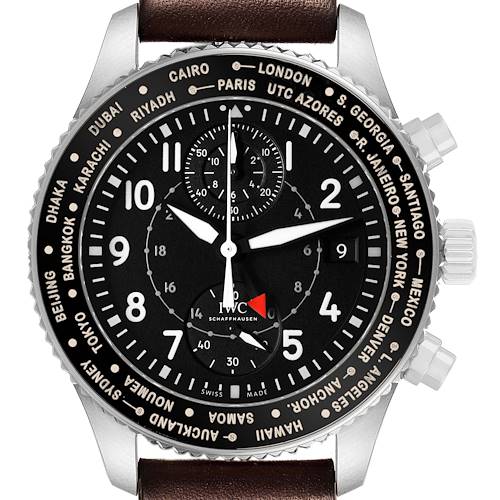 The IWC Pilot IW395001 Men's Stainless Steel Black Dial watch is shown from a frontal angle, highlighting the dial, bezel, and crown.