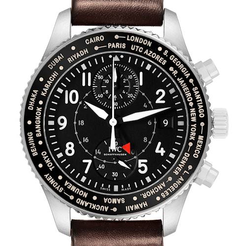 The IWC Pilot IW395001 Men's Stainless Steel Black Dial model watch is shown from the front, highlighting its dial, bezel, and brown leather strap.