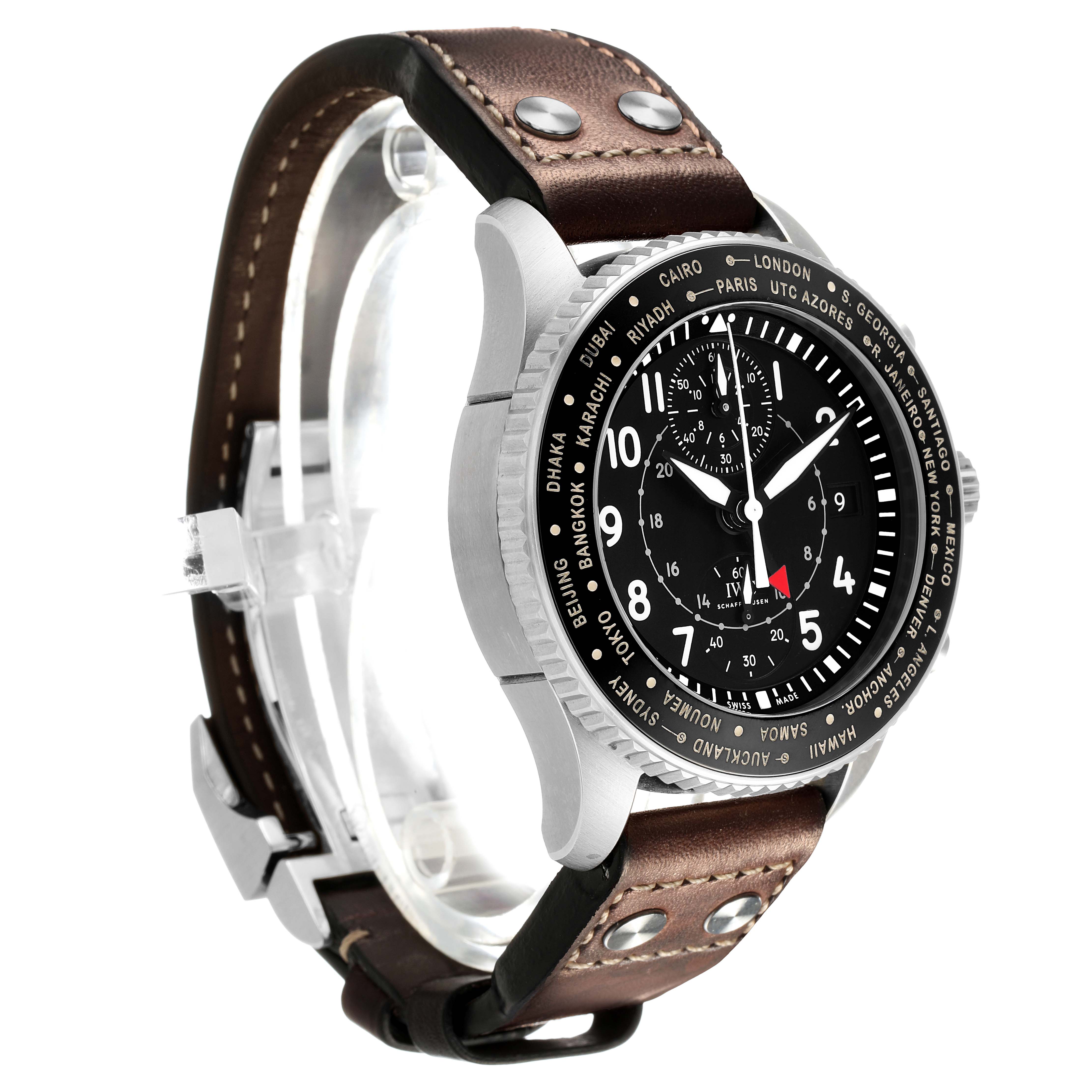 The IWC Pilot IW395001 Men's Stainless Steel Black Dial watch is shown at a side angle, highlighting the black dial, brown leather strap, and world cities bezel.