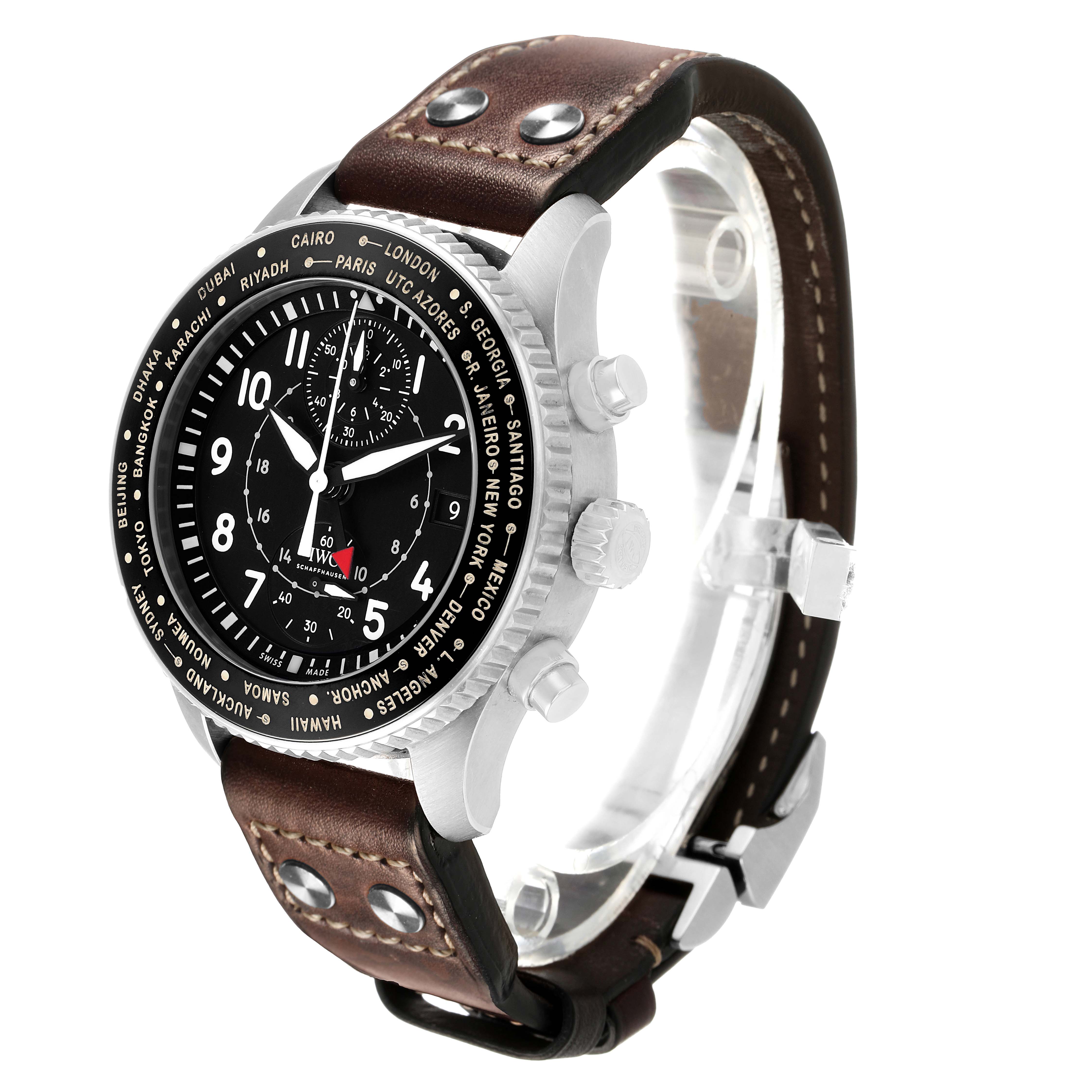 The IWC Pilot IW395001 Men's Stainless Steel Black Dial model watch is shown in a three-quarter view, displaying the dial, bezel, crown, pushers, and leather strap.