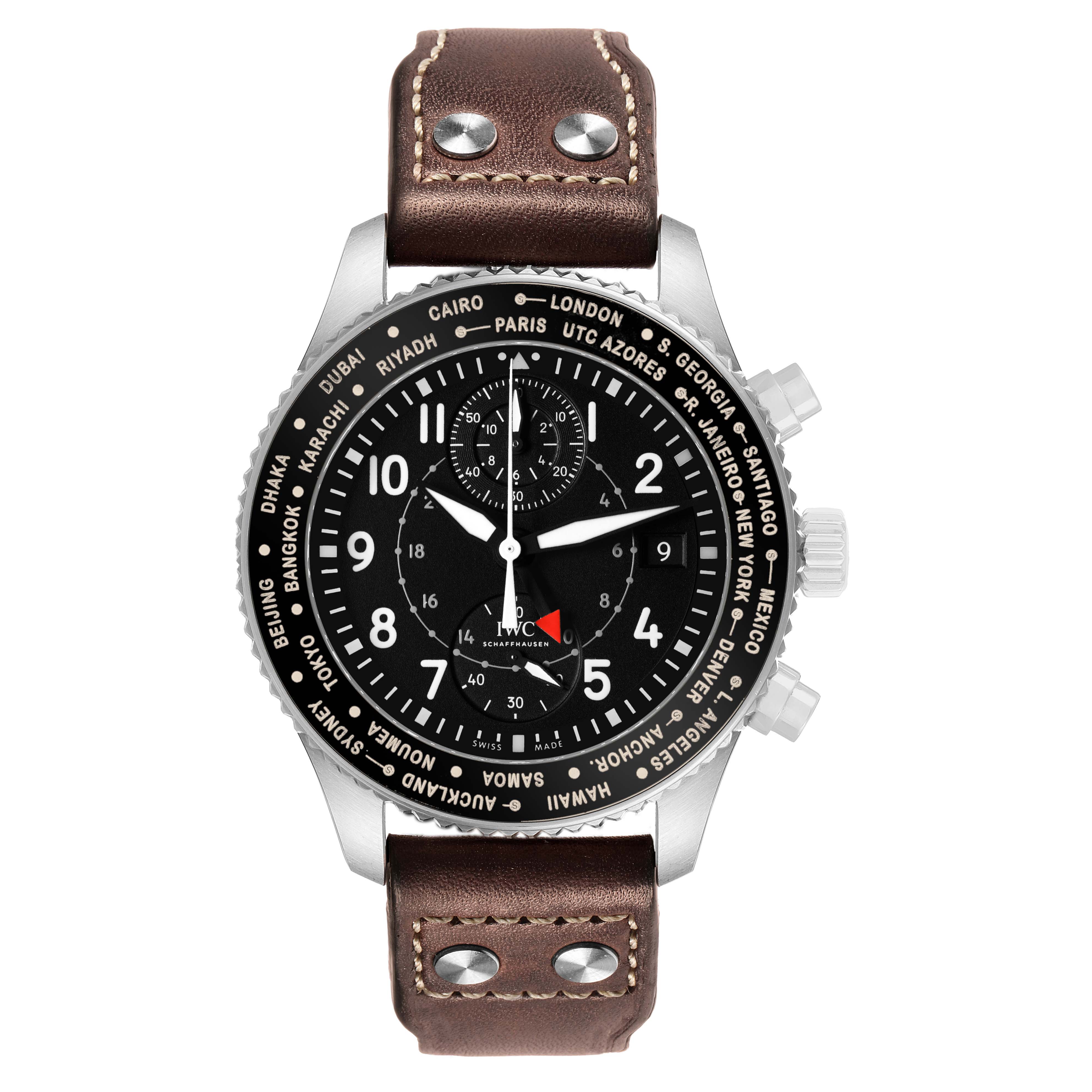 The IWC Pilot IW395001 Men's Stainless Steel Black Dial watch is shown from a front angle, displaying the face, bezel, and brown leather strap.