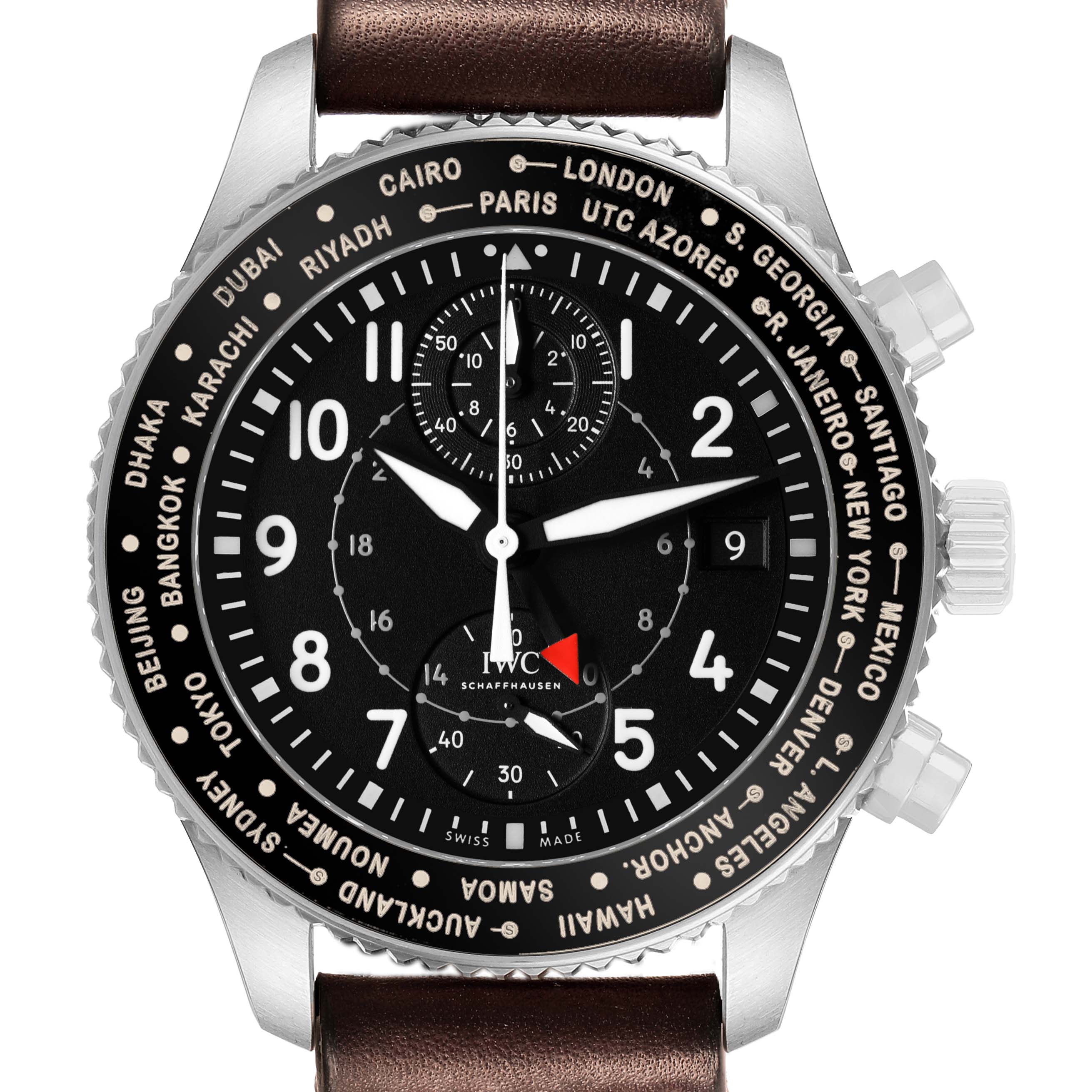 The IWC Pilot IW395001 Men's Stainless Steel Black Dial watch is shown from the front, displaying its bezel, dial, hands, subdials, and leather strap.