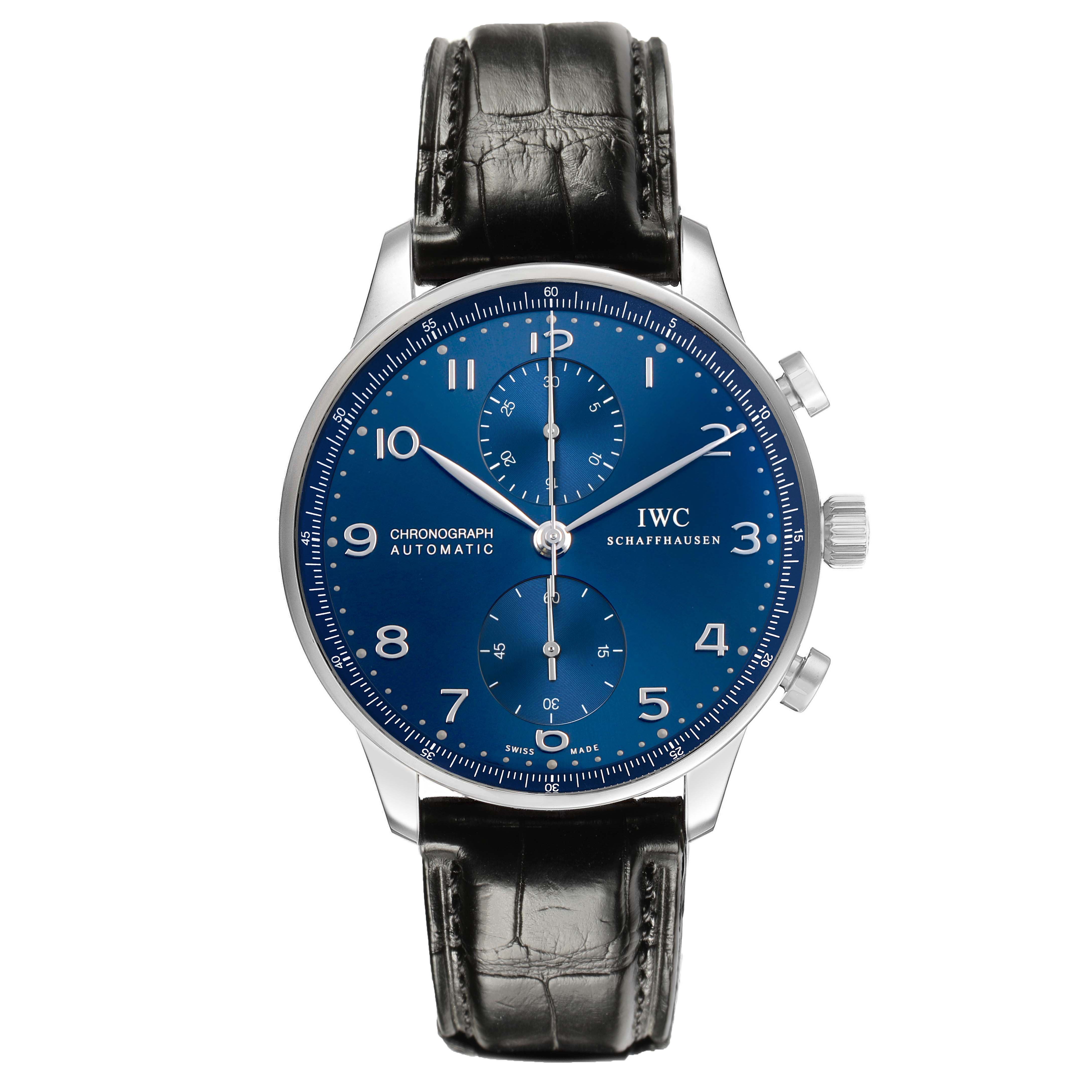 The IWC Portuguese IW371491 Men's Stainless Steel Blue Dial watch is shown from the front, displaying its blue dial, chronograph subdials, and leather strap.