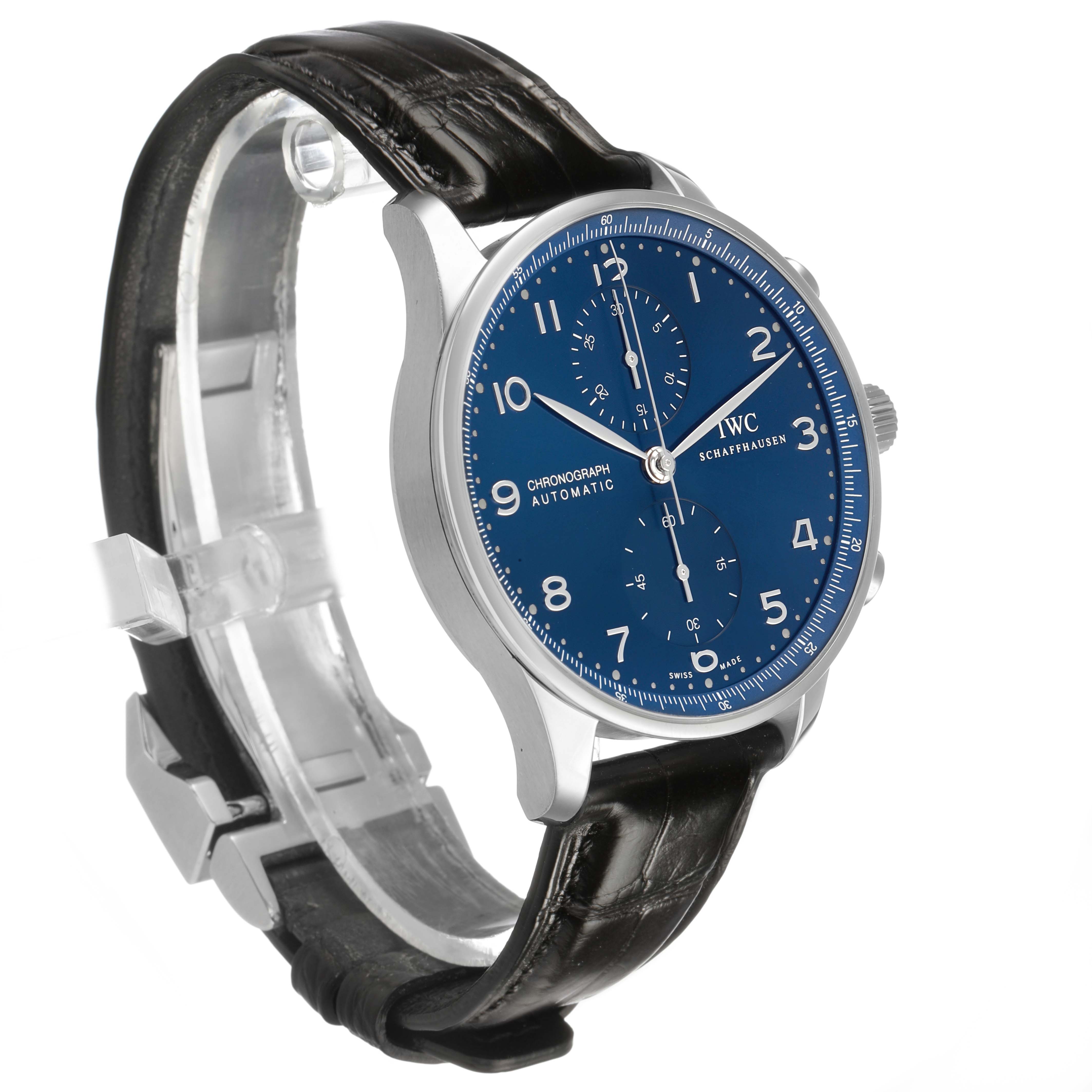 The IWC Portuguese IW371491 Men's Stainless Steel Blue Dial watch is shown at a slight angle, displaying its blue dial, chronograph subdials, and black leather strap.