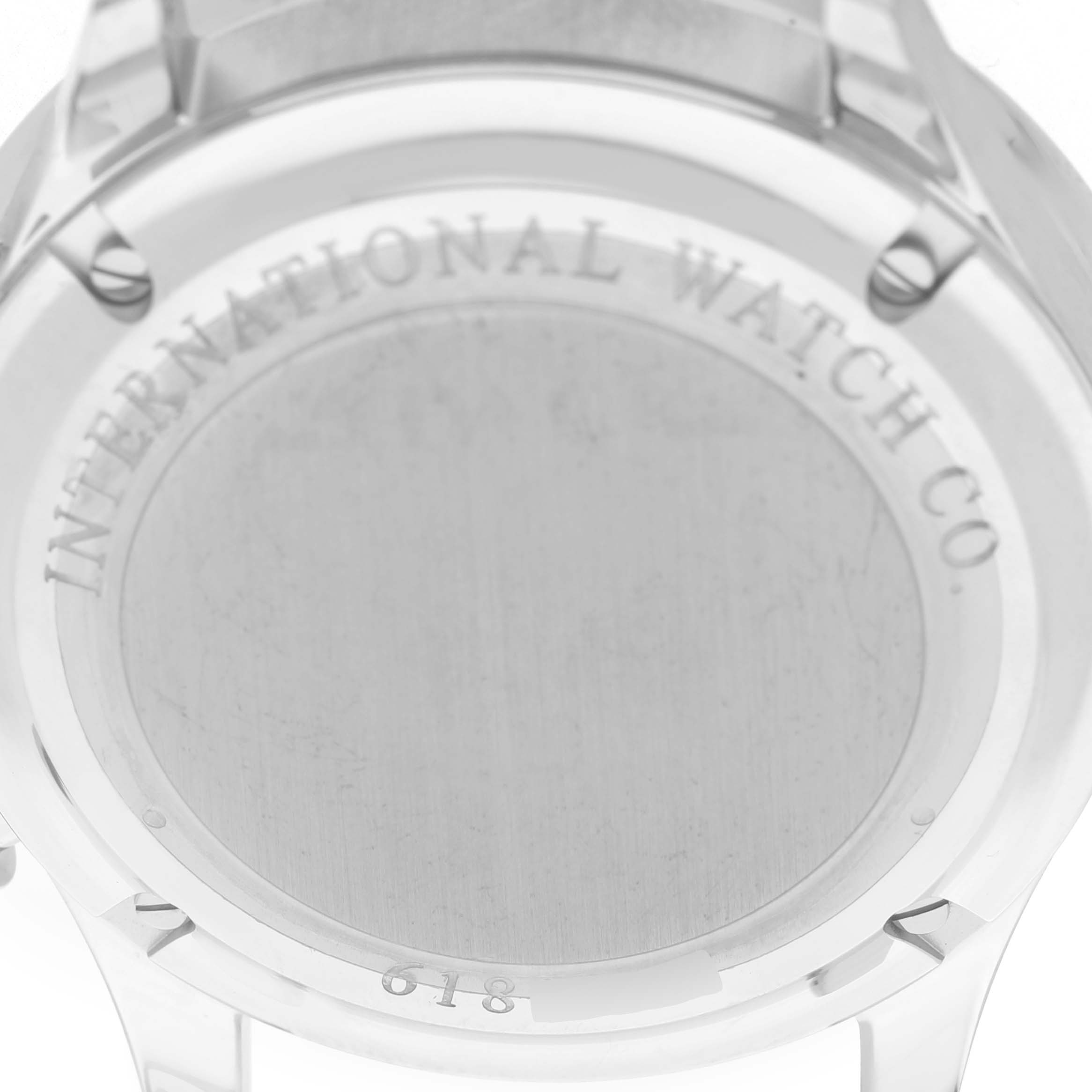 The image shows the case back of the IWC Portuguese IW371491 Men's Stainless Steel Blue Dial model from an overhead angle.