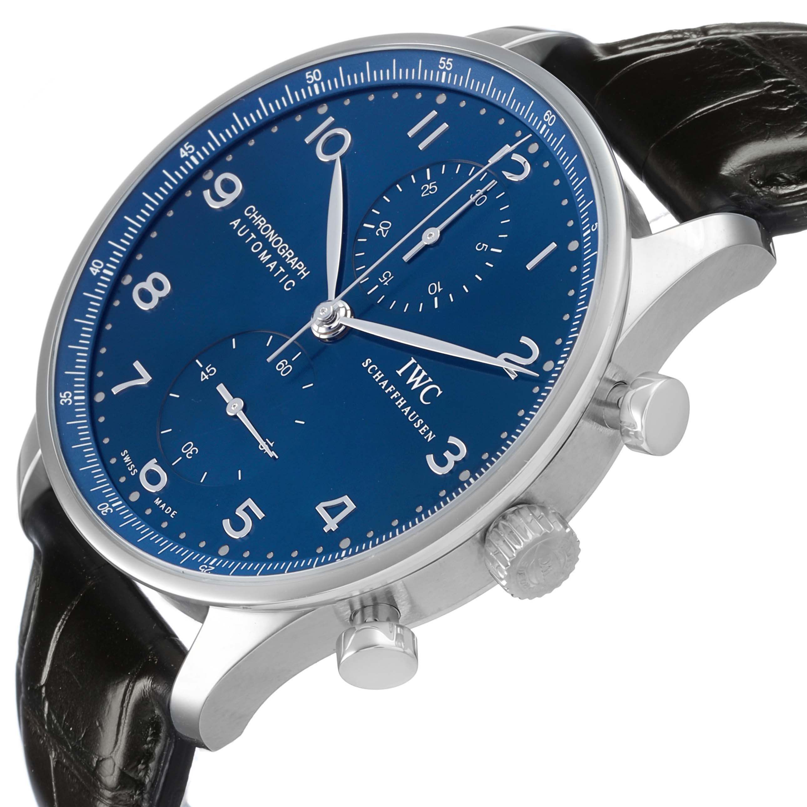 The IWC Portuguese IW371491 Men's Stainless Steel Blue Dial watch is shown at a three-quarter angle, highlighting the blue dial, chronograph sub-dials, and push-button crown.