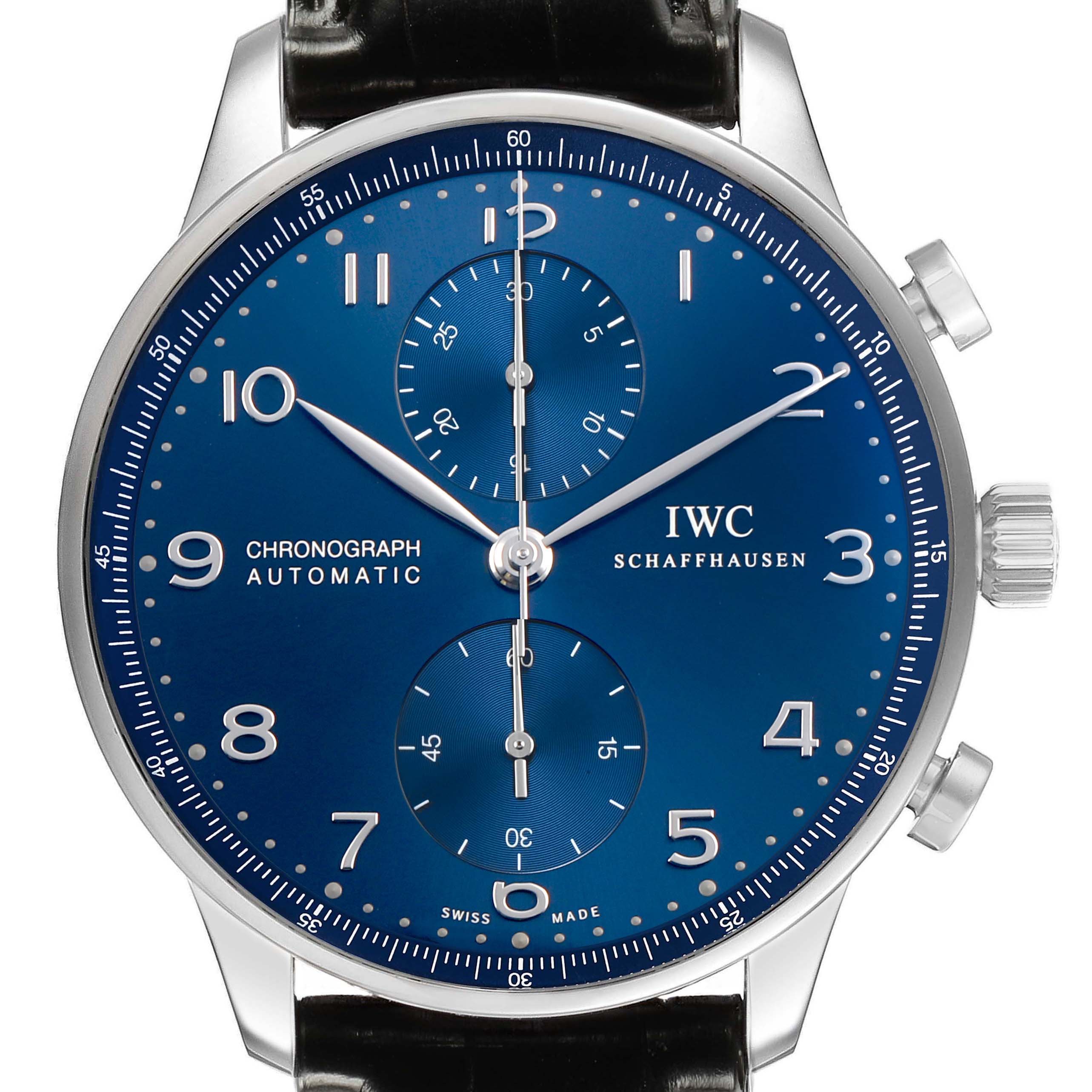 The IWC Portuguese IW371491 Men's Stainless Steel Blue Dial watch is shown from a front angle, highlighting its blue dial, chronograph subdials, and side crown.