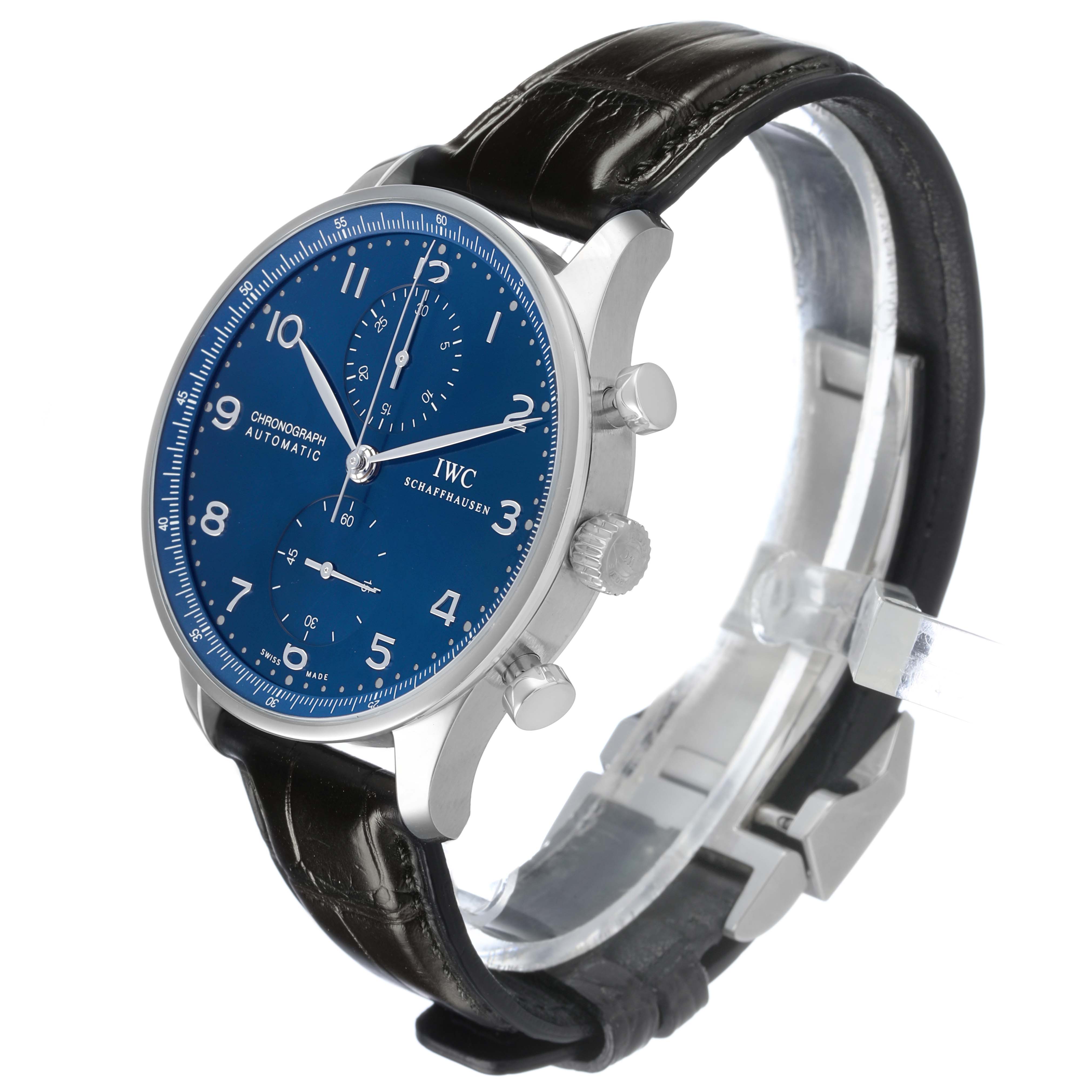 The IWC Portuguese IW371491 Men's Stainless Steel Blue Dial watch is shown at a three-quarter angle, displaying its blue dial, chronograph subdials, and leather strap.
