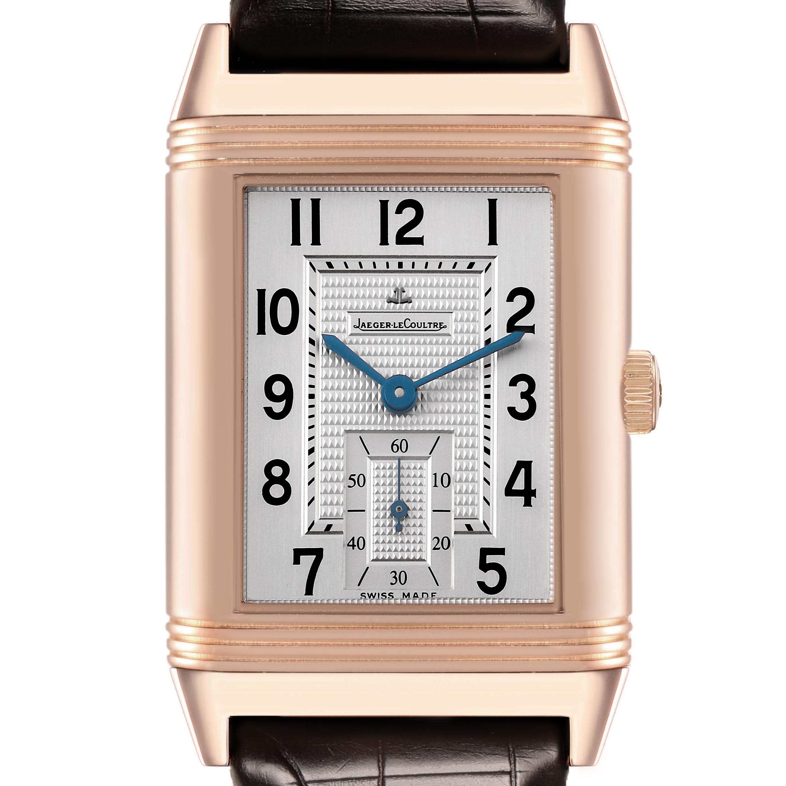 The Jaeger LeCoultre Reverso Q3732420 Men's Rose Gold Silver Dial Q3732420 Men's Rose Gold Silver Dial watch is shown from the front, highlighting the rectangular dial and crown on the right.