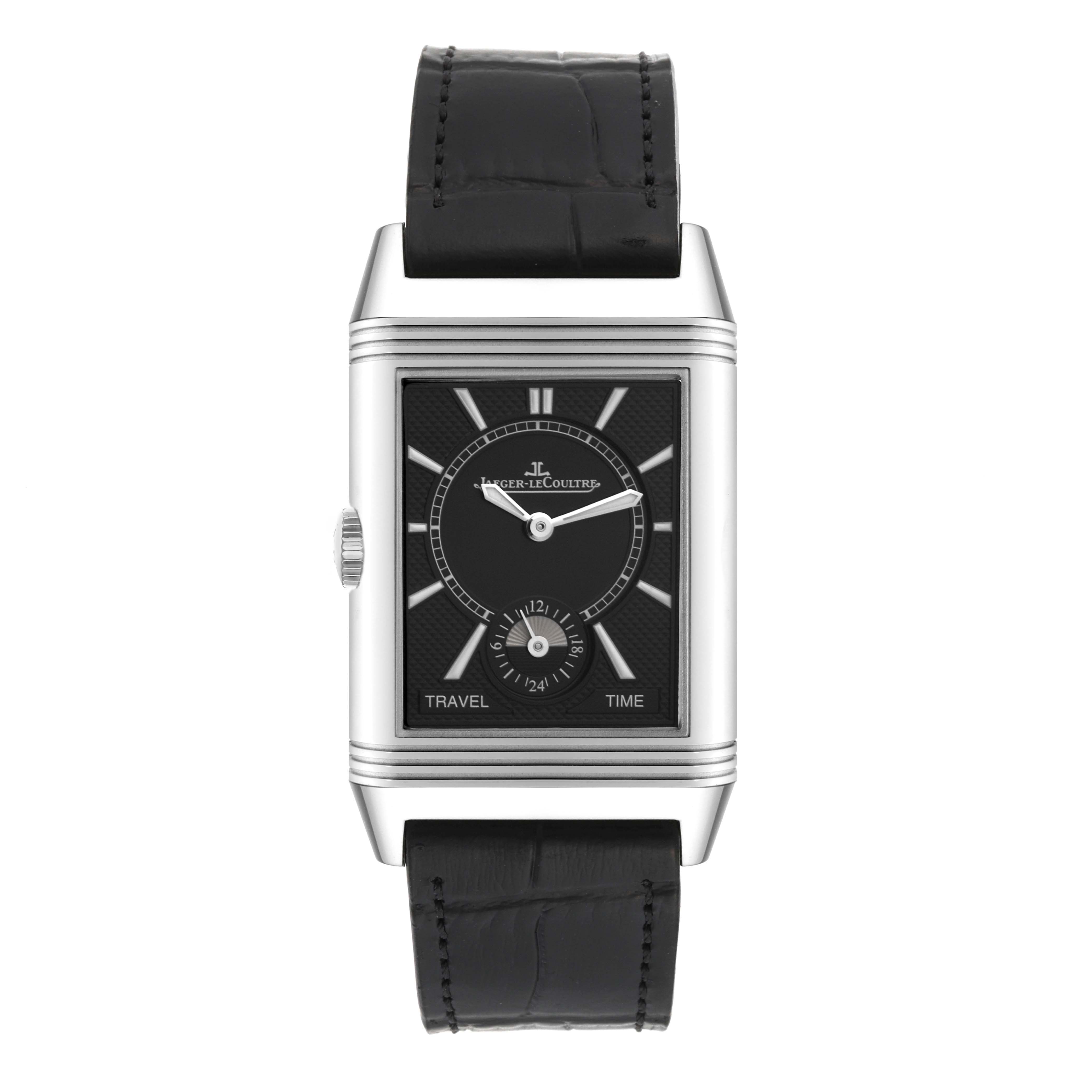 The image shows the front view of a Jaeger-LeCoultre Reverso watch with a black leather strap and black dial.