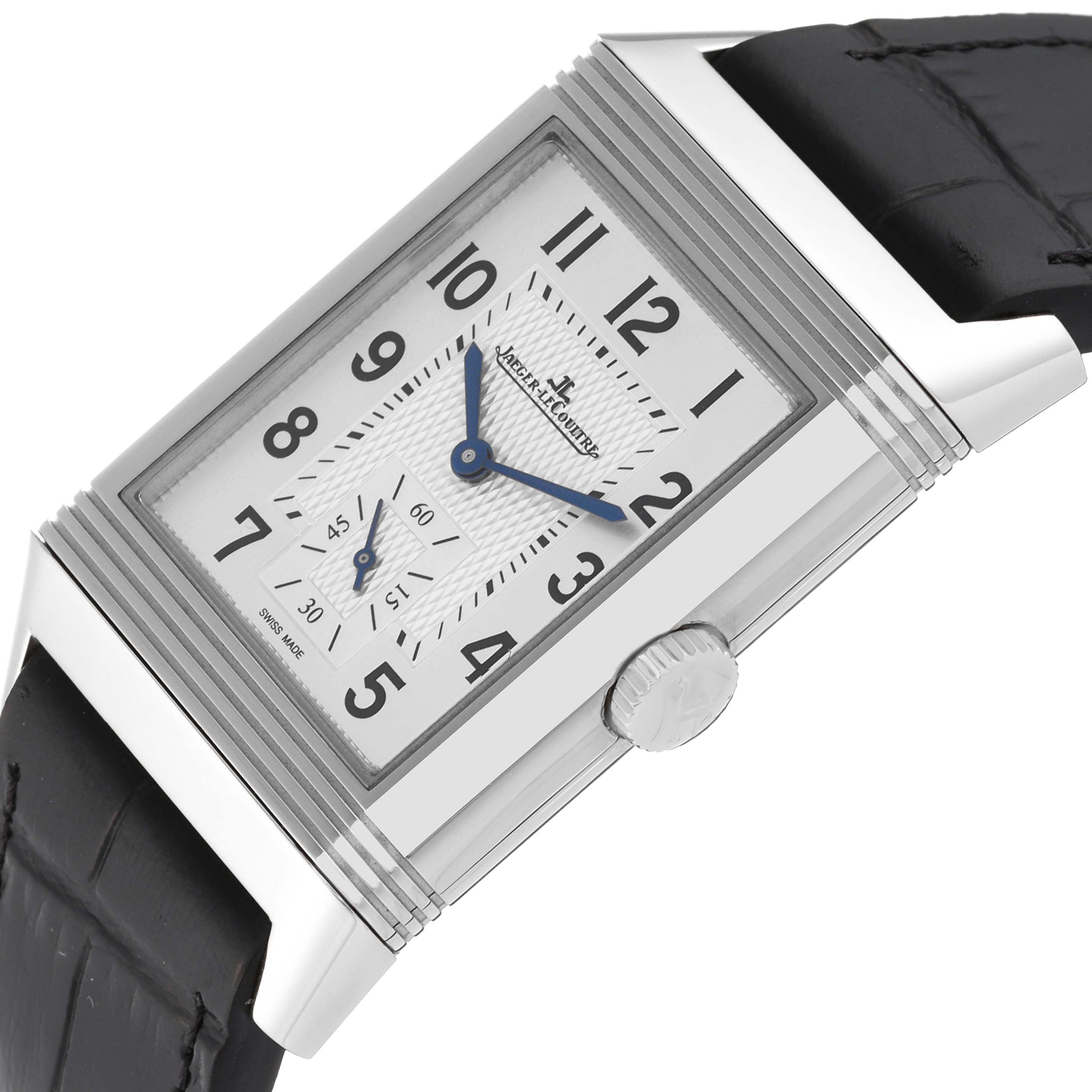 The Jaeger LeCoultre Reverso Q3848420 Men's Stainless Steel Silver Dial Q3848420 Men's Stainless Steel Silver Dial watch is shown from a slight angle displaying the face, crown, and part of the leather strap.
