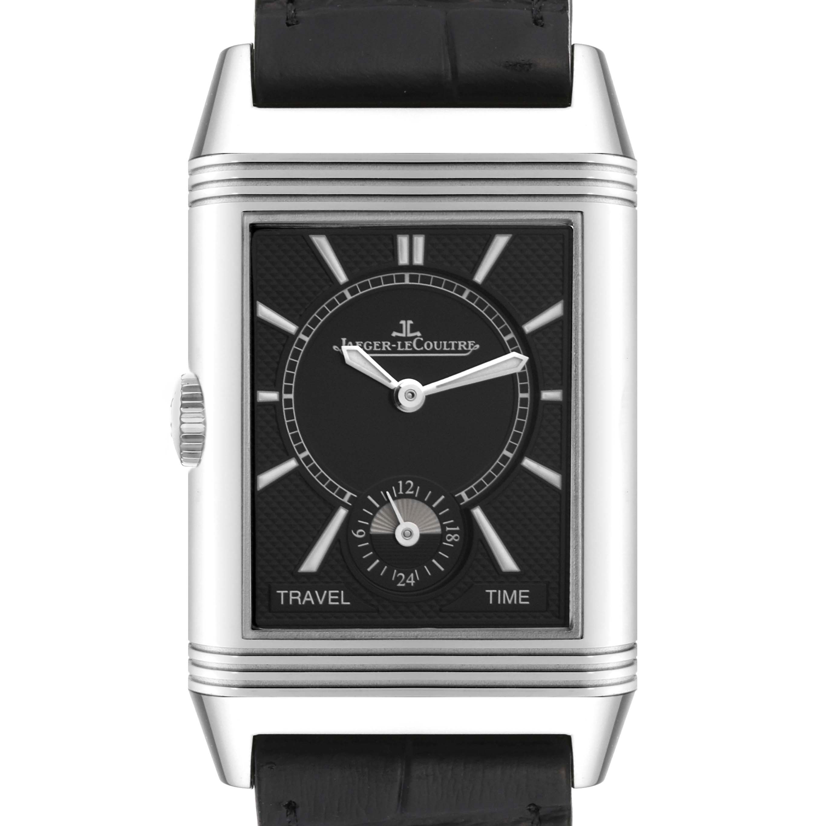 This image shows a front view of the Jaeger LeCoultre Reverso Q3848420 Men's Stainless Steel Silver Dial Q3848420 Men's Stainless Steel Silver Dial watch, featuring its rectangular face, travel time dial, and black strap.