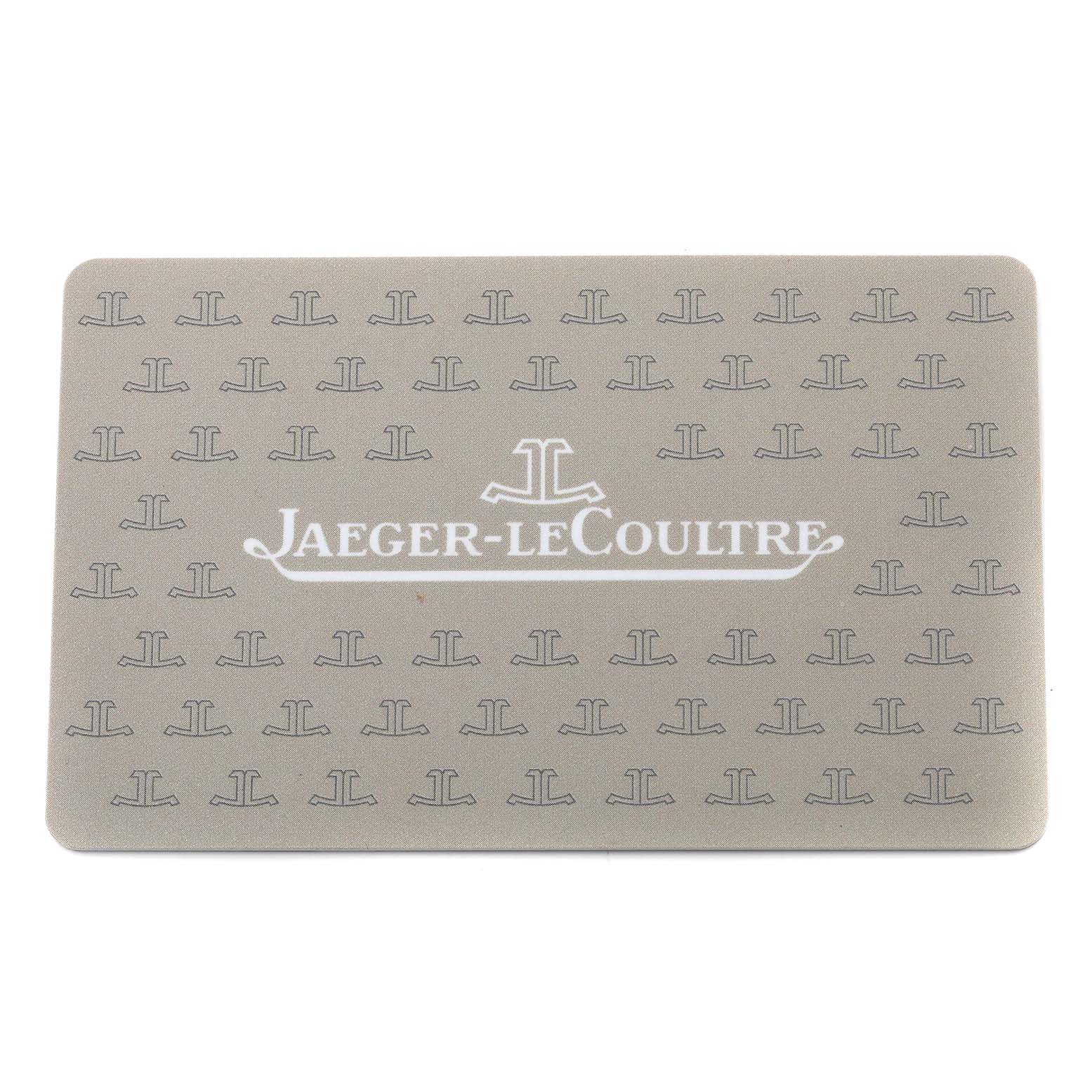 The image shows a Jaeger-LeCoultre card with the brand's name and logo, related to the Reverso model.
