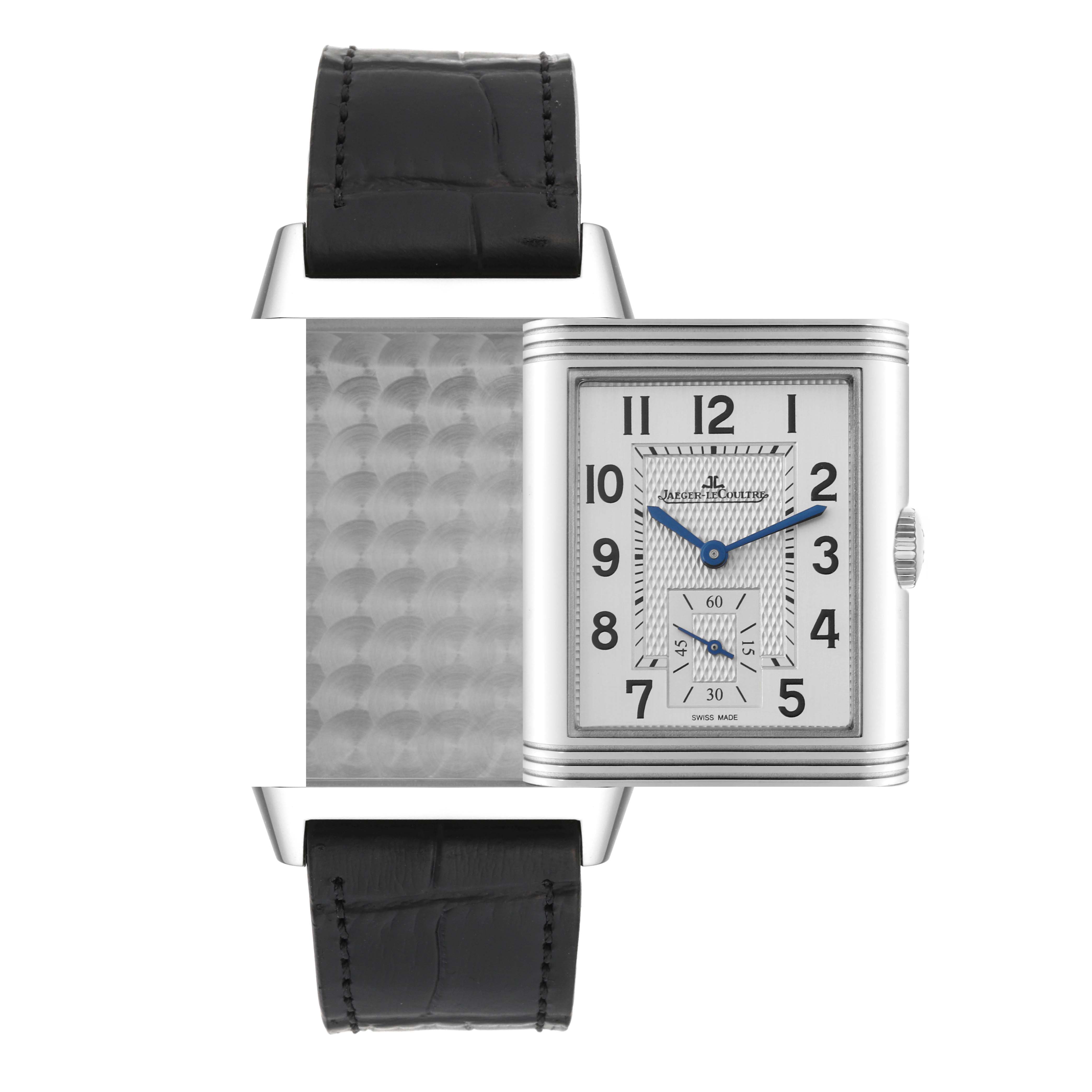 This image shows a front view of a Jaeger-LeCoultre Reverso watch, highlighting its face, dial, and black leather strap.