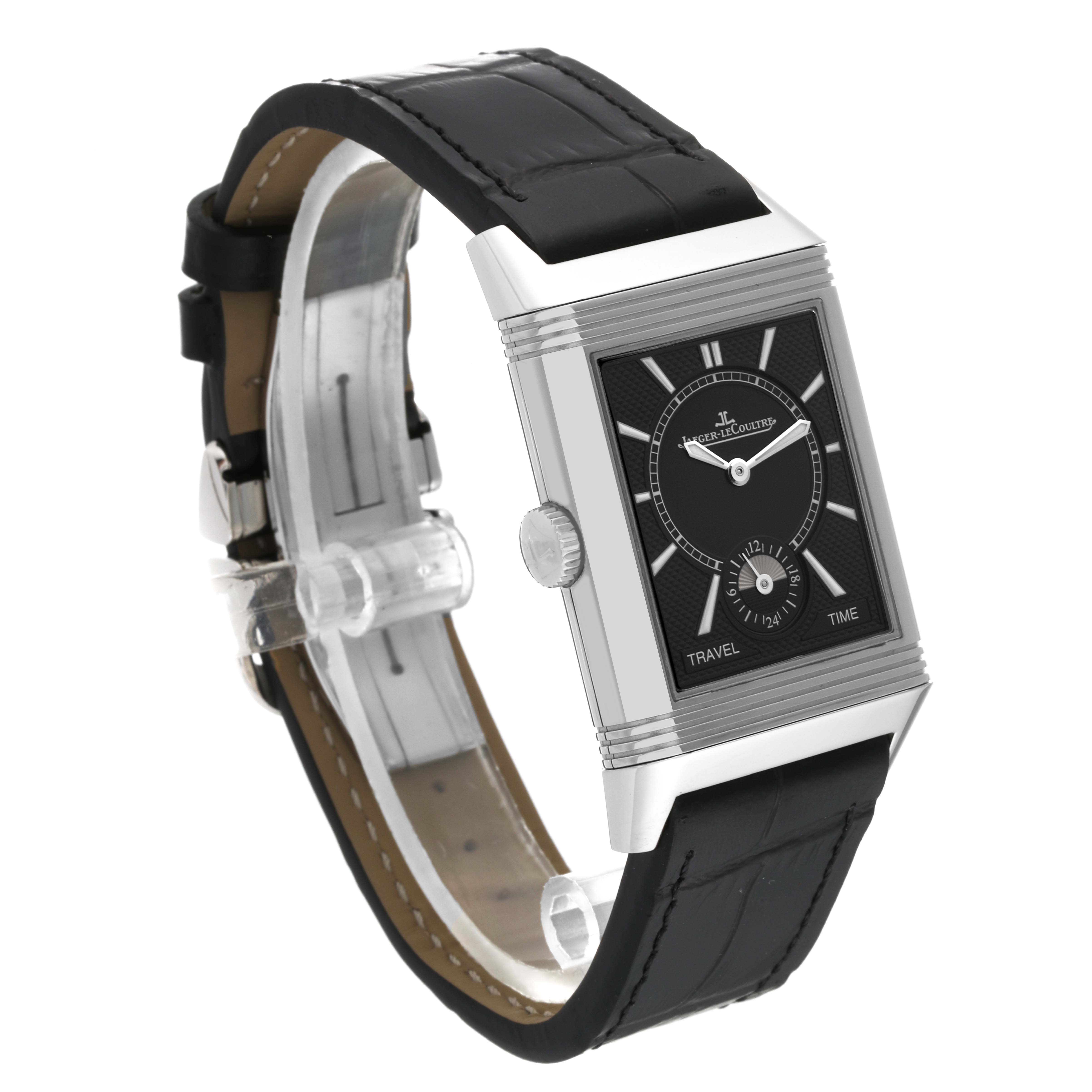 This image shows a Jaeger-LeCoultre Reverso watch at a three-quarter angle, displaying the dial, crown, and black leather strap.