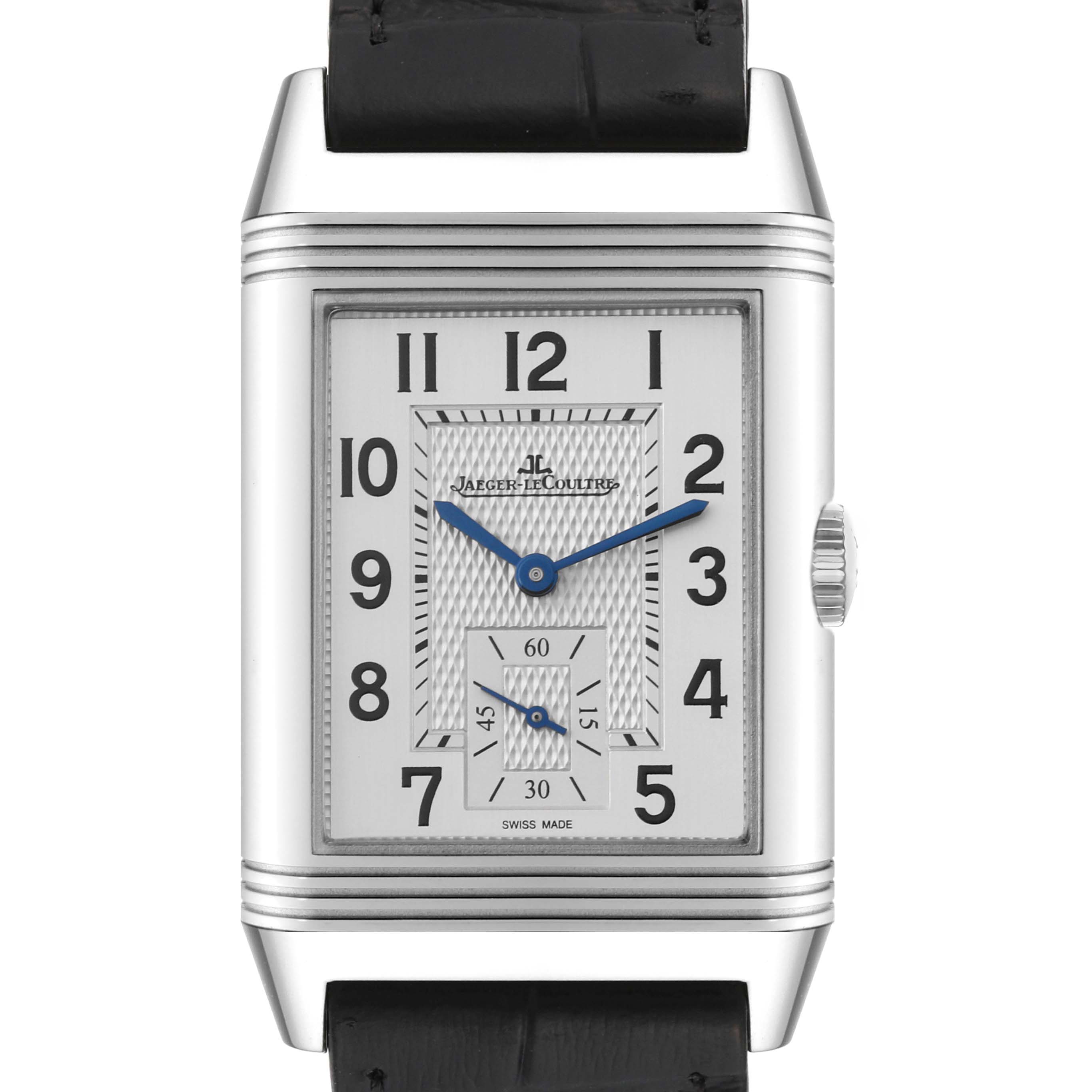 This image shows a front view of a Jaeger-LeCoultre Reverso watch, highlighting its dial and strap.