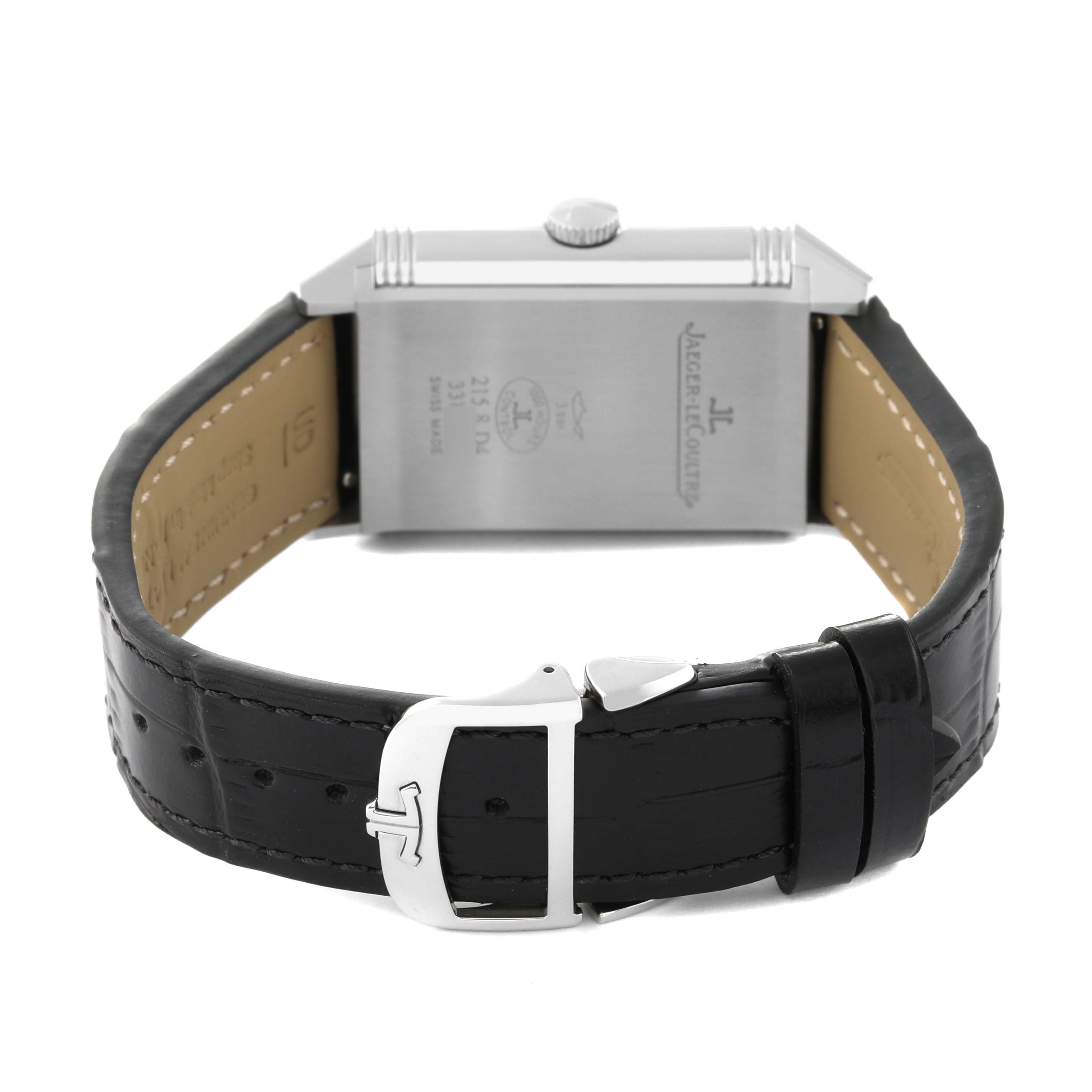The image shows the back and clasp of a Jaeger LeCoultre Reverso Q3848420 Men's Stainless Steel Silver Dial Q3848420 Men's Stainless Steel Silver Dial watch with a black leather strap.