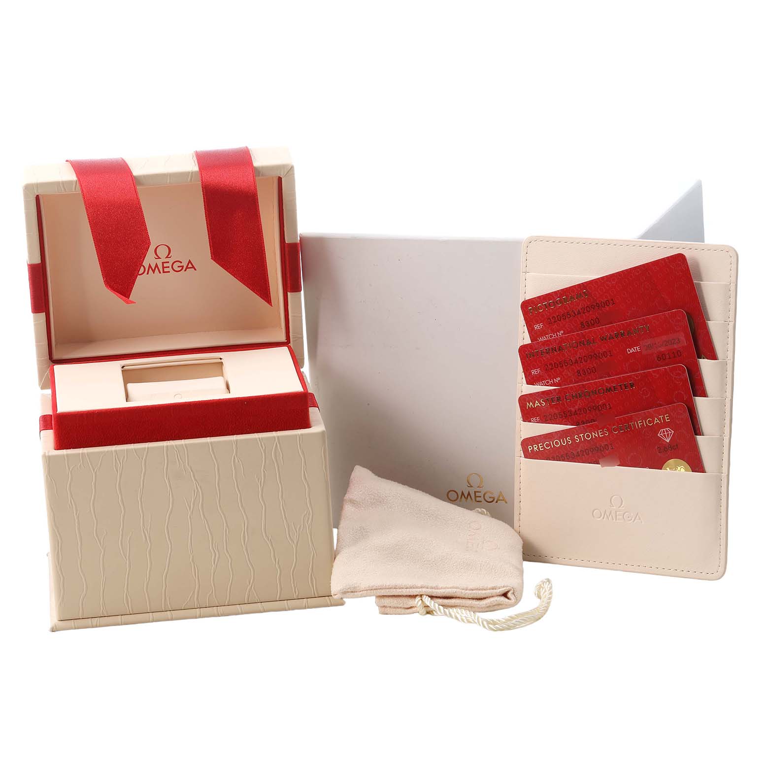 The image shows the packaging materials and cards for the Omega 220.55.34.20.99.001 Women's Rose Gold Silver Dial Aqua Terra 34 Rose Gold Diamond Ruby Ladies watch.