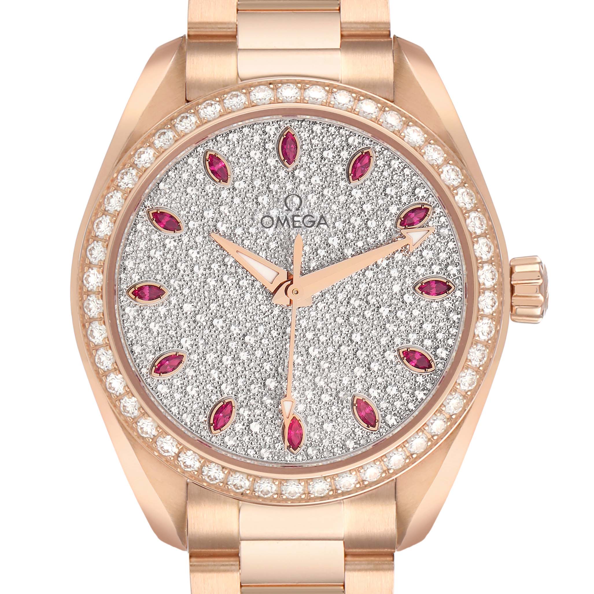 The Omega 231.15.34.20.55.002 Women's Rose Gold Silver Dial Aqua Terra 34 Rose Gold Diamond Ruby model is shown front-facing, highlighting its dial, bezel, and bracelet.