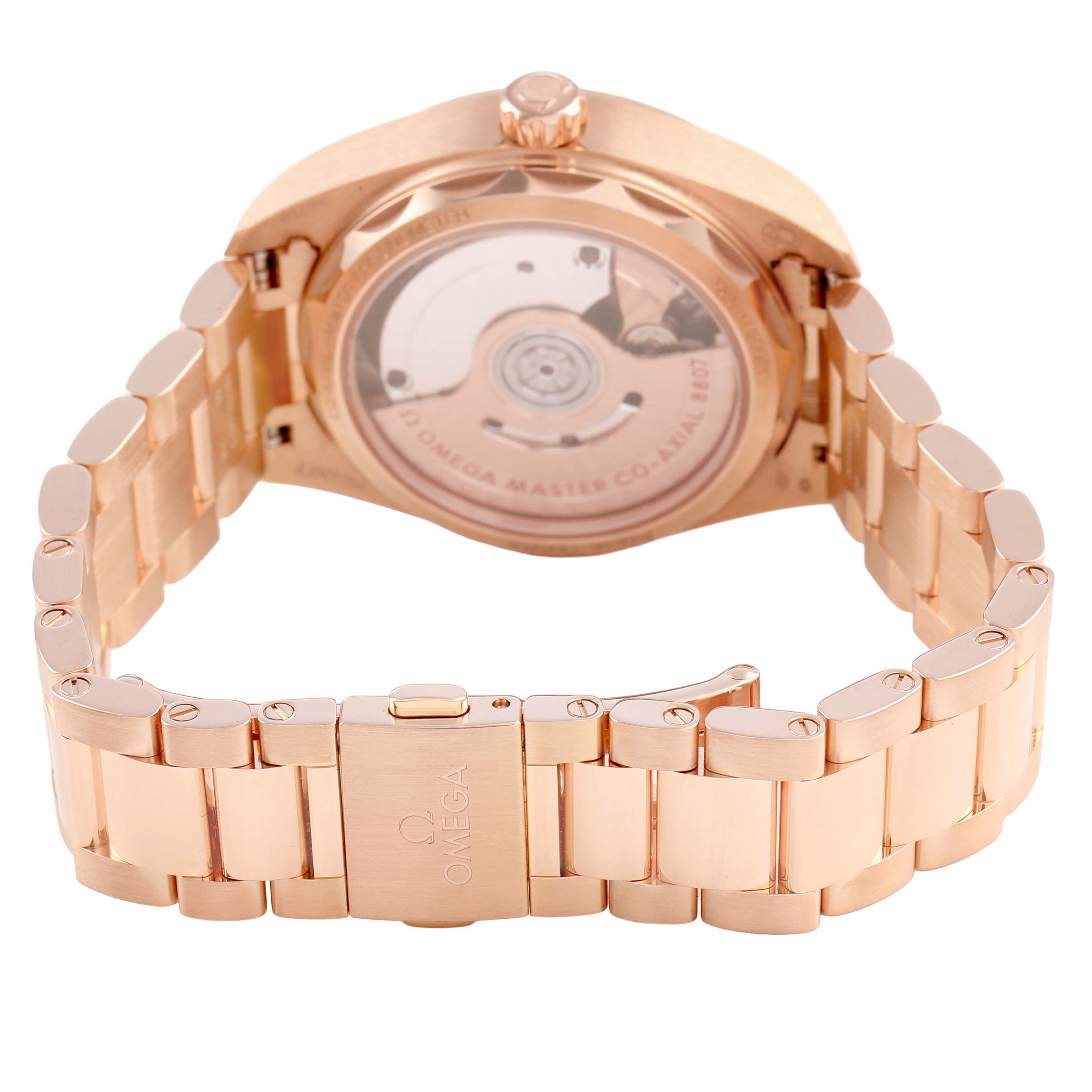 The image shows the back and bracelet of the Omega 220.55.34.20.99.001 Women's Rose Gold Silver Dial Aqua Terra 34 Rose Gold Diamond Ruby Ladies watch, highlighting its rose gold finish.
