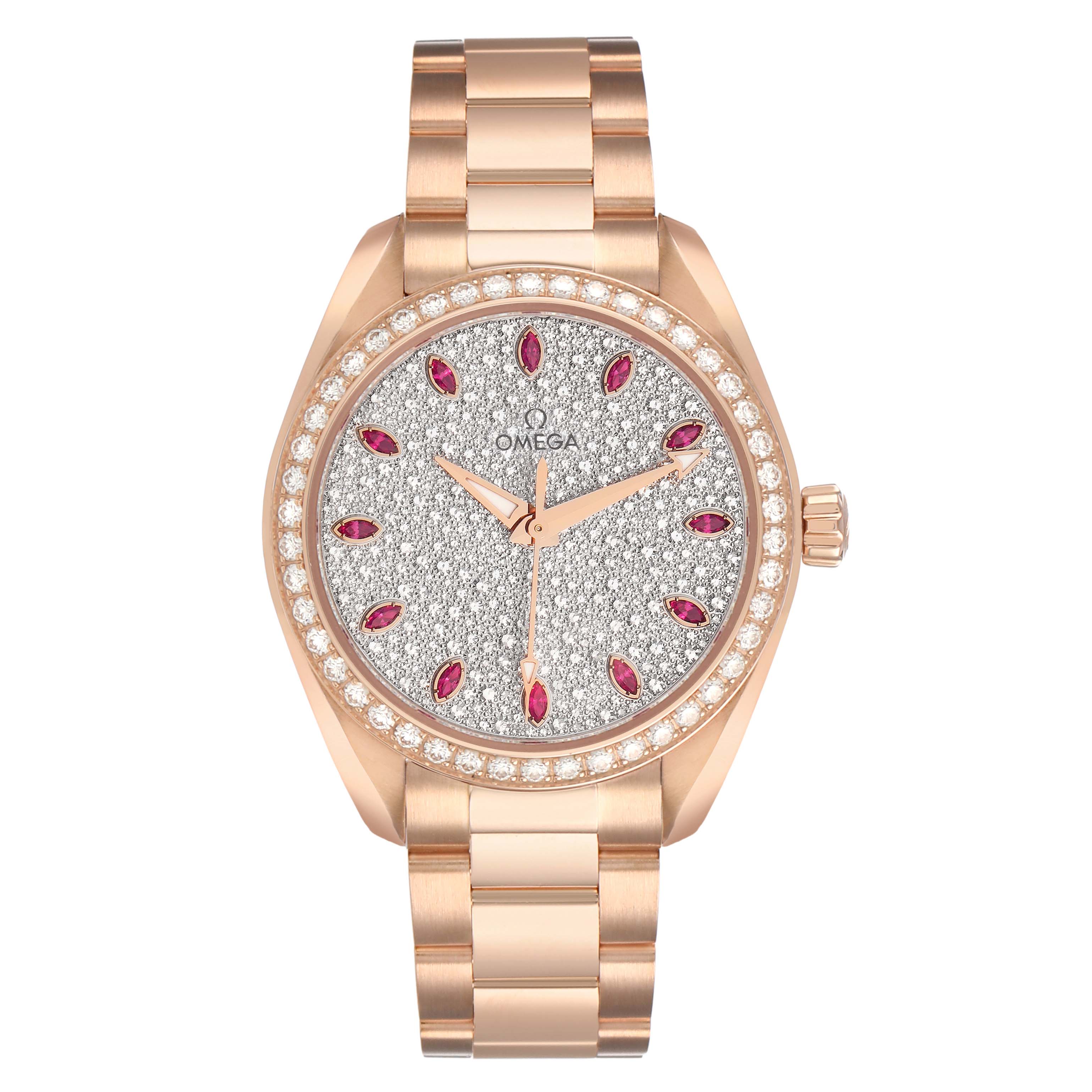 The Omega 231.15.34.20.55.002 Women's Rose Gold Silver Dial Aqua Terra 34 Rose Gold Diamond Ruby watch is shown from the front, displaying its face, bezel, and bracelet.