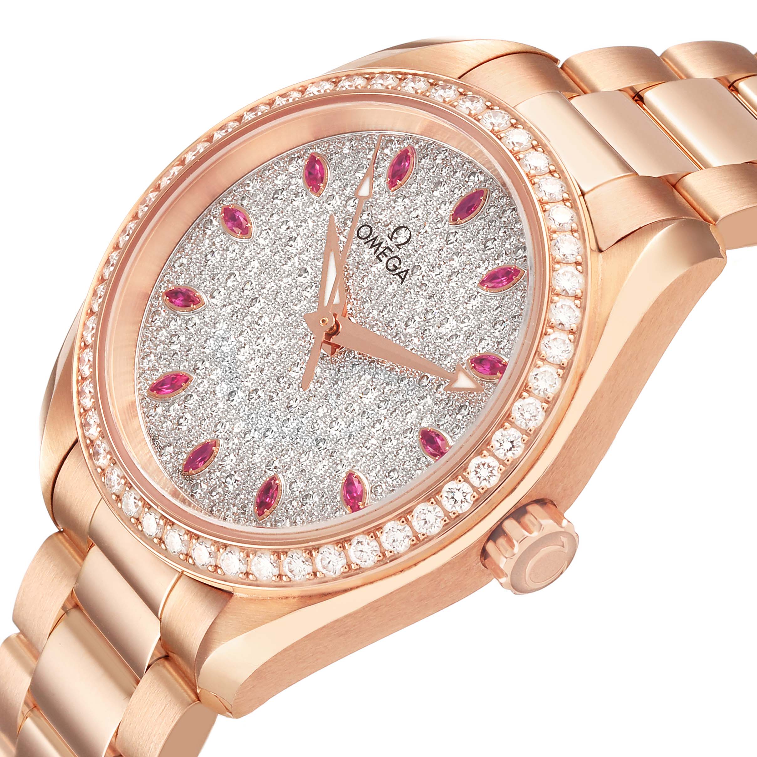 The Omega 231.15.34.20.55.002 Women's Rose Gold Silver Dial Aqua Terra 34 Rose Gold Diamond Ruby is shown at a slight angle, highlighting the dial, bezel, and part of the bracelet.