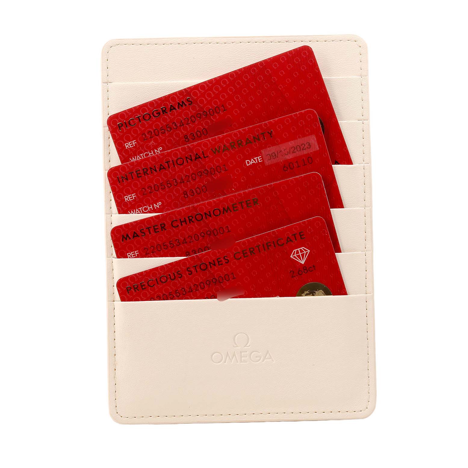 The image shows a cardholder with Omega 231.15.34.20.55.002 Women's Rose Gold Silver Dial warranty and certification cards for the Aqua Terra 34 Rose Gold Diamond Ruby Ladies model.