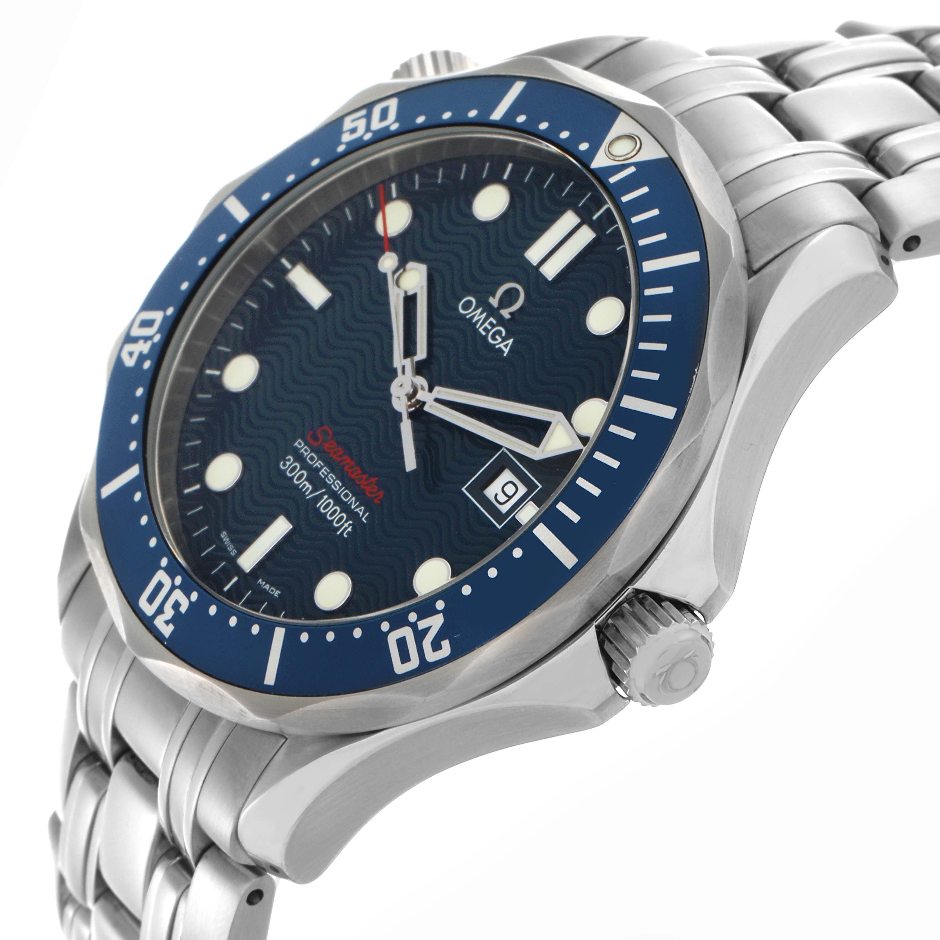 The Omega Seamaster 2221.80.00 Men
s Stainless Steel Blue Dial 2221.80.00 Men
s Stainless Steel Blue Dial watch is shown at an angled side view, highlighting the bezel, dial, crown, and bracelet.
