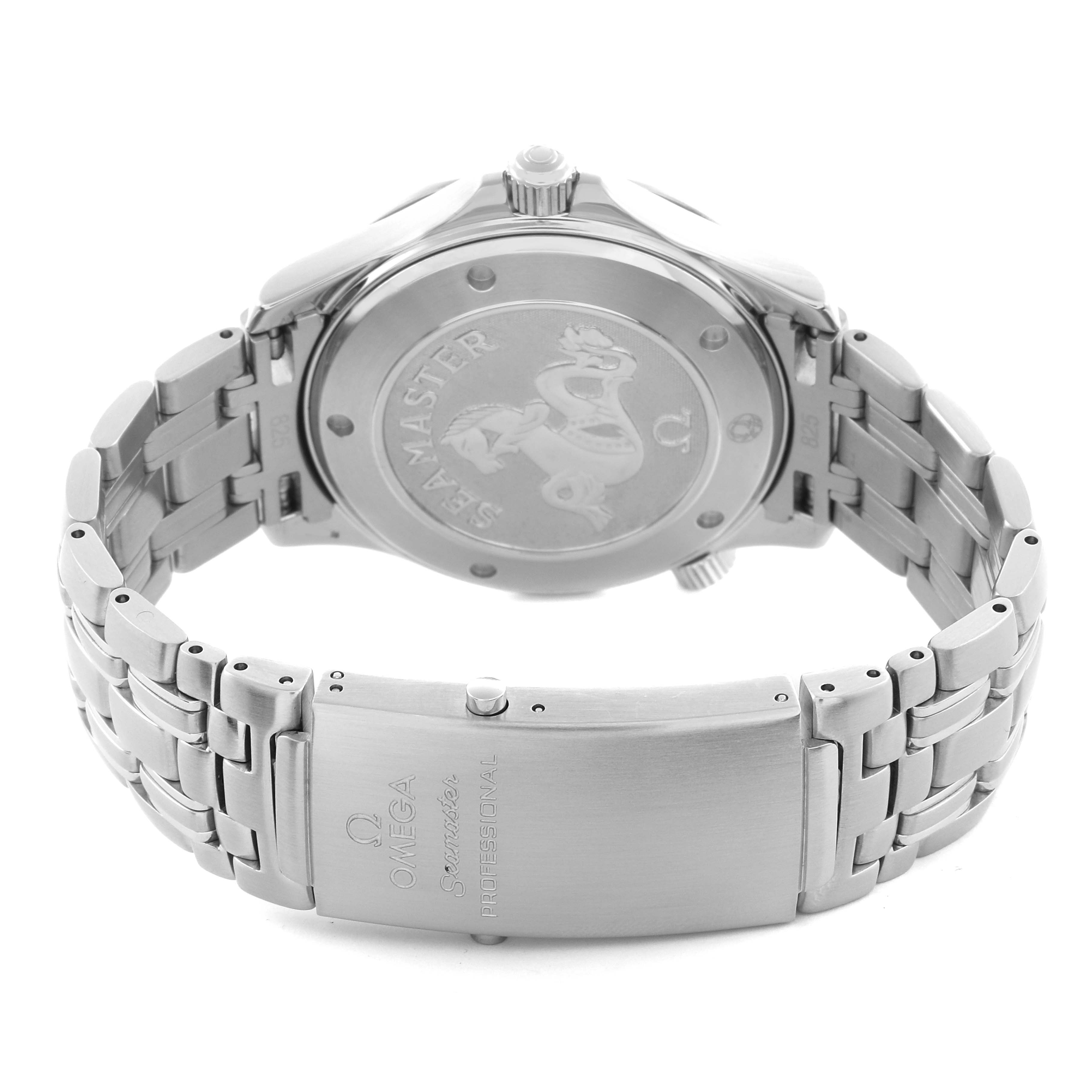 The Omega Seamaster 2221.80.00 Men
s Stainless Steel Blue Dial 2221.80.00 Men
s Stainless Steel Blue Dial watch is shown from the back, highlighting the engraved case back and the metal bracelet with the clasp visible.