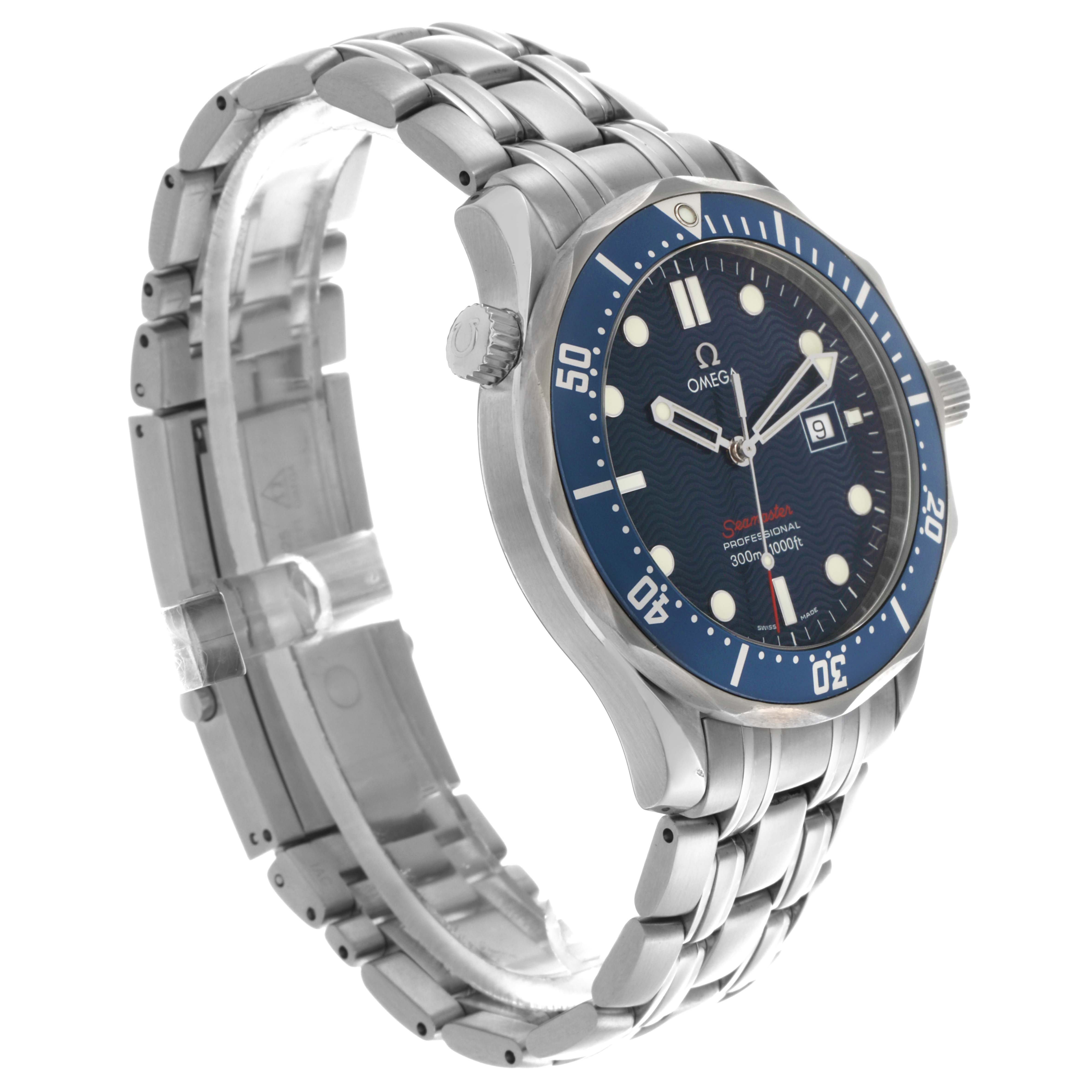 The Omega Seamaster 2221.80.00 Men
s Stainless Steel Blue Dial 2221.80.00 Men
s Stainless Steel Blue Dial is shown at a three-quarter angle, highlighting the dial, bezel, crown, and bracelet.