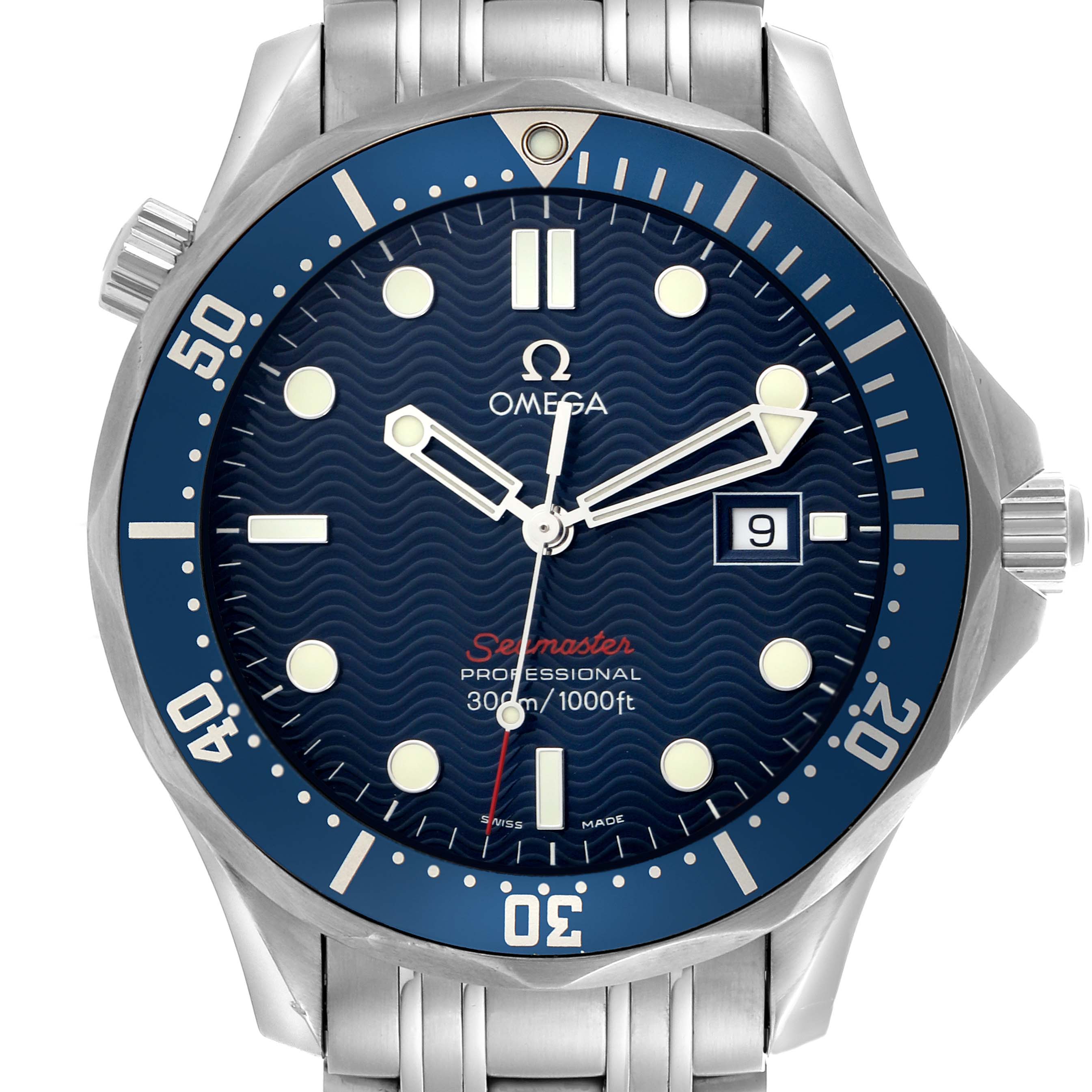 The Omega Seamaster 2221.80.00 Men
s Stainless Steel Blue Dial 2221.80.00 Men
s Stainless Steel Blue Dial watch is shown from the front, displaying the dial, bezel, and part of the bracelet.