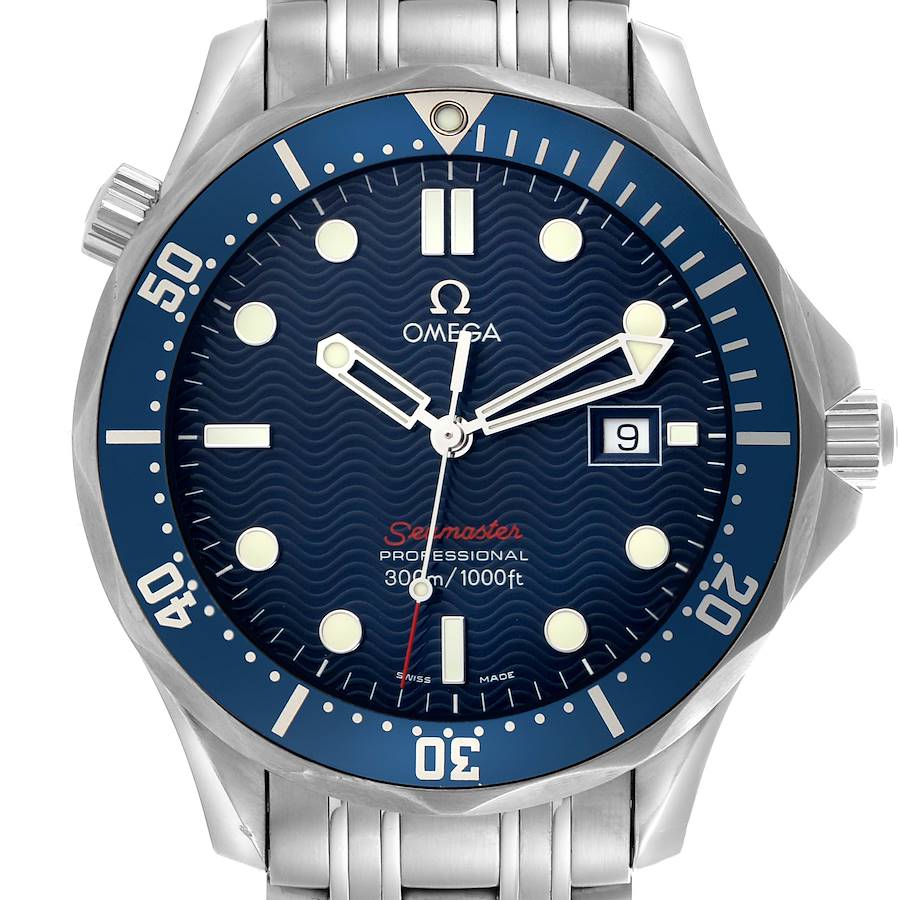 The Omega Seamaster watch is shown from the front, displaying the dial, bezel, and part of the bracelet.