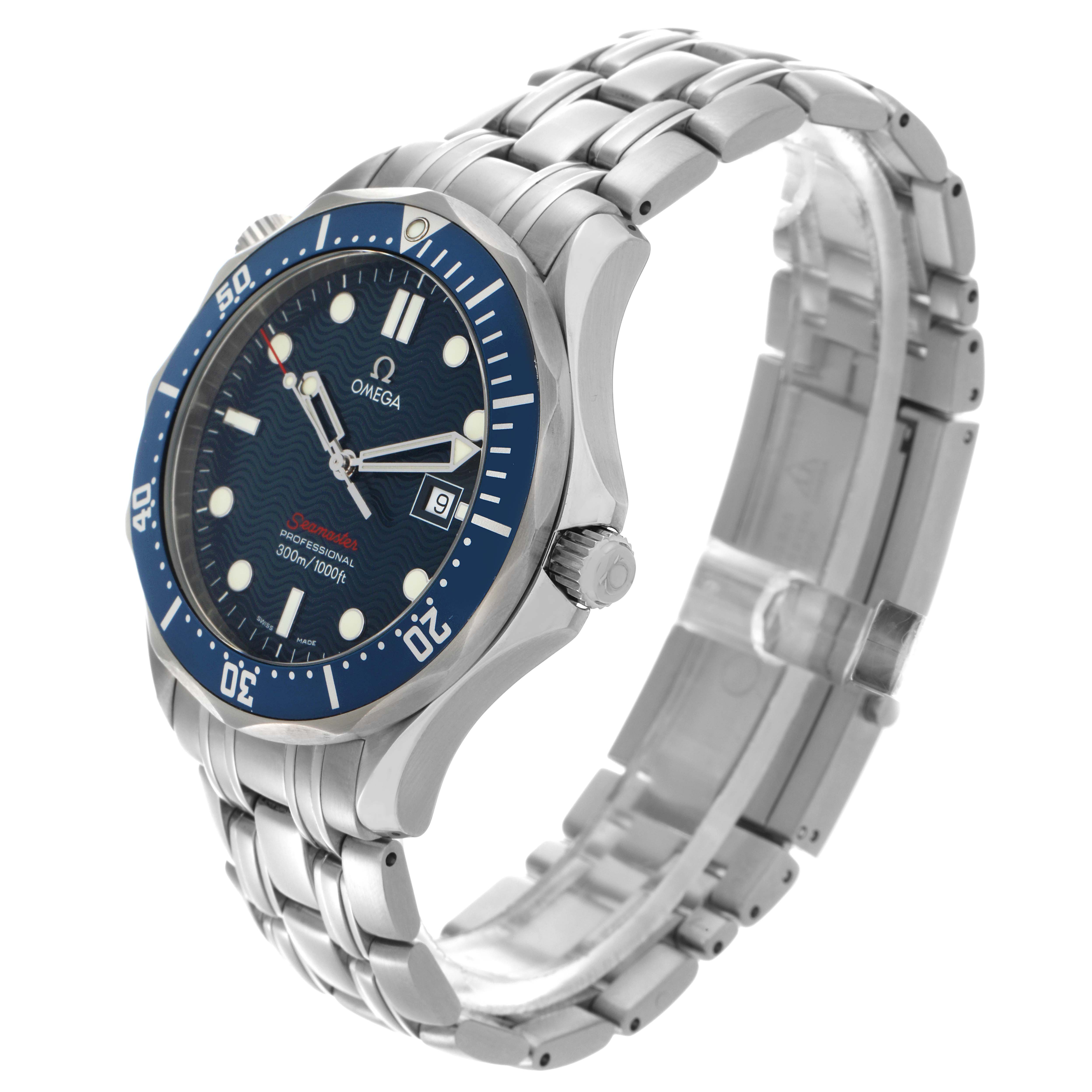 The Omega Seamaster 2221.80.00 Men
s Stainless Steel Blue Dial 2221.80.00 Men
s Stainless Steel Blue Dial watch is shown at a three-quarter angle highlighting the dial, bezel, crown, and metal bracelet.