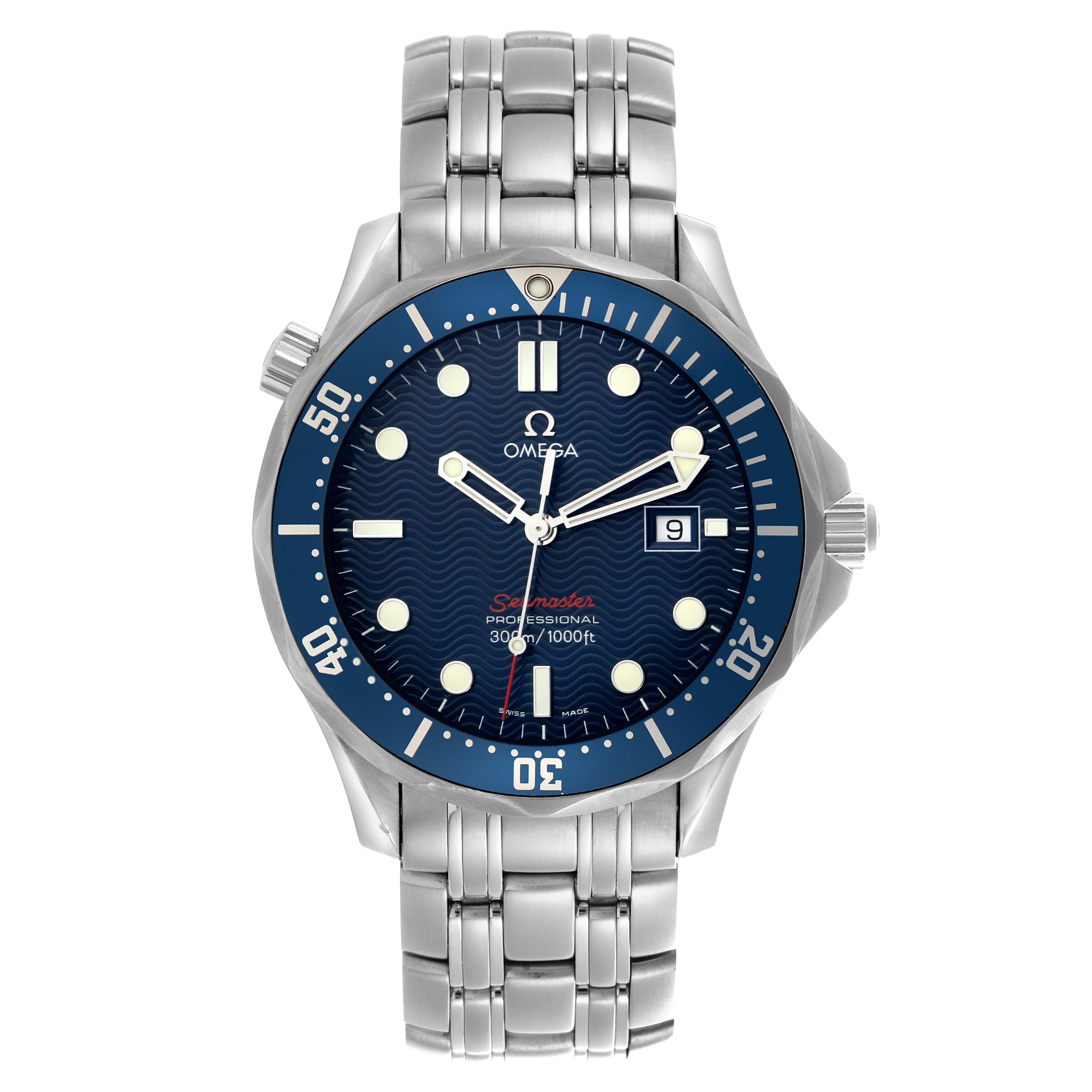The Omega Seamaster 2221.80.00 Men
s Stainless Steel Blue Dial 2221.80.00 Men
s Stainless Steel Blue Dial watch is shown from the front, highlighting the dial, bezel, bracelet, and crown.
