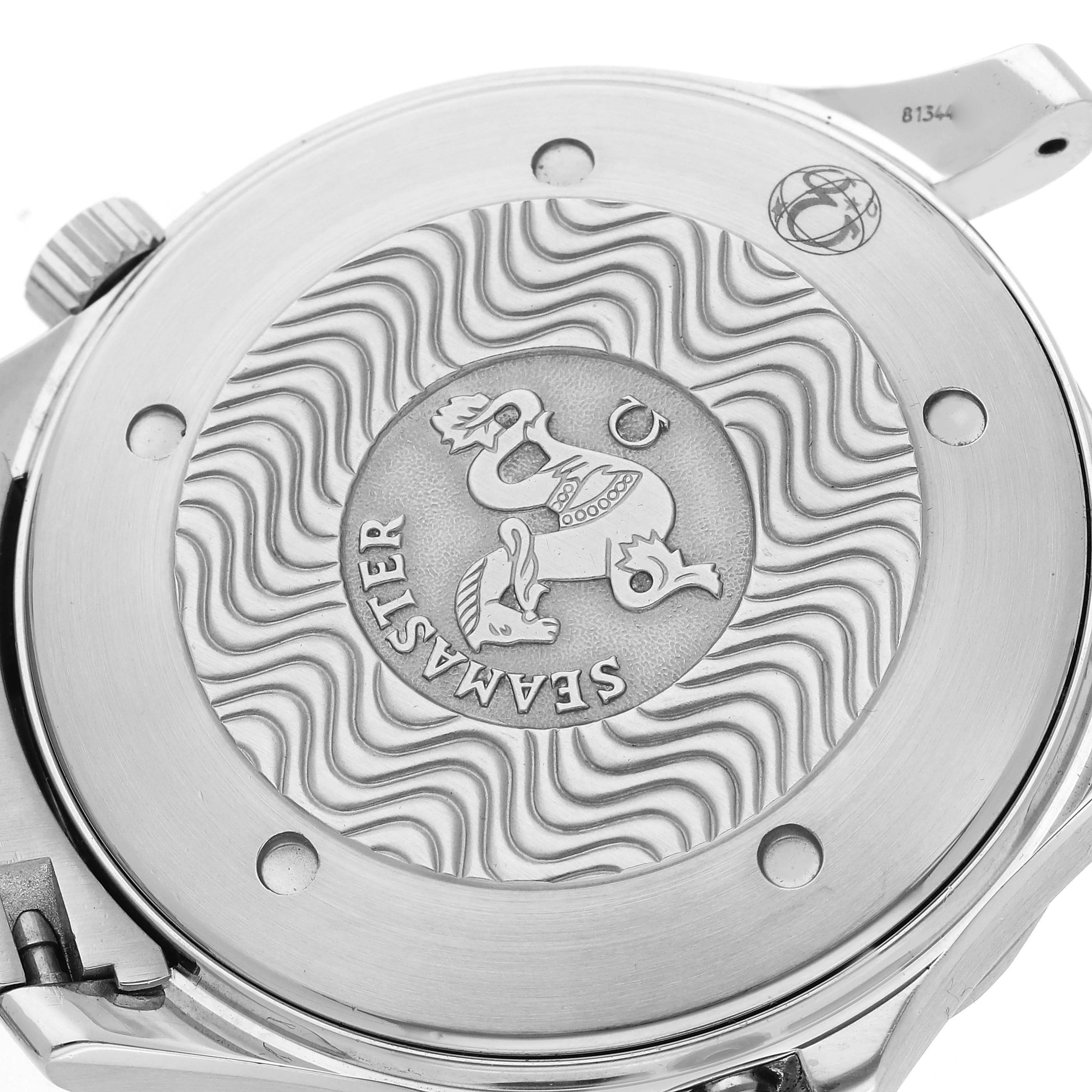 The image shows the case back of the Omega Seamaster 2255.80.00 Men's Stainless Steel Blue Dial 2255.80.00 Men's Stainless Steel Blue Dial, featuring a wavy pattern and the engraved logo.