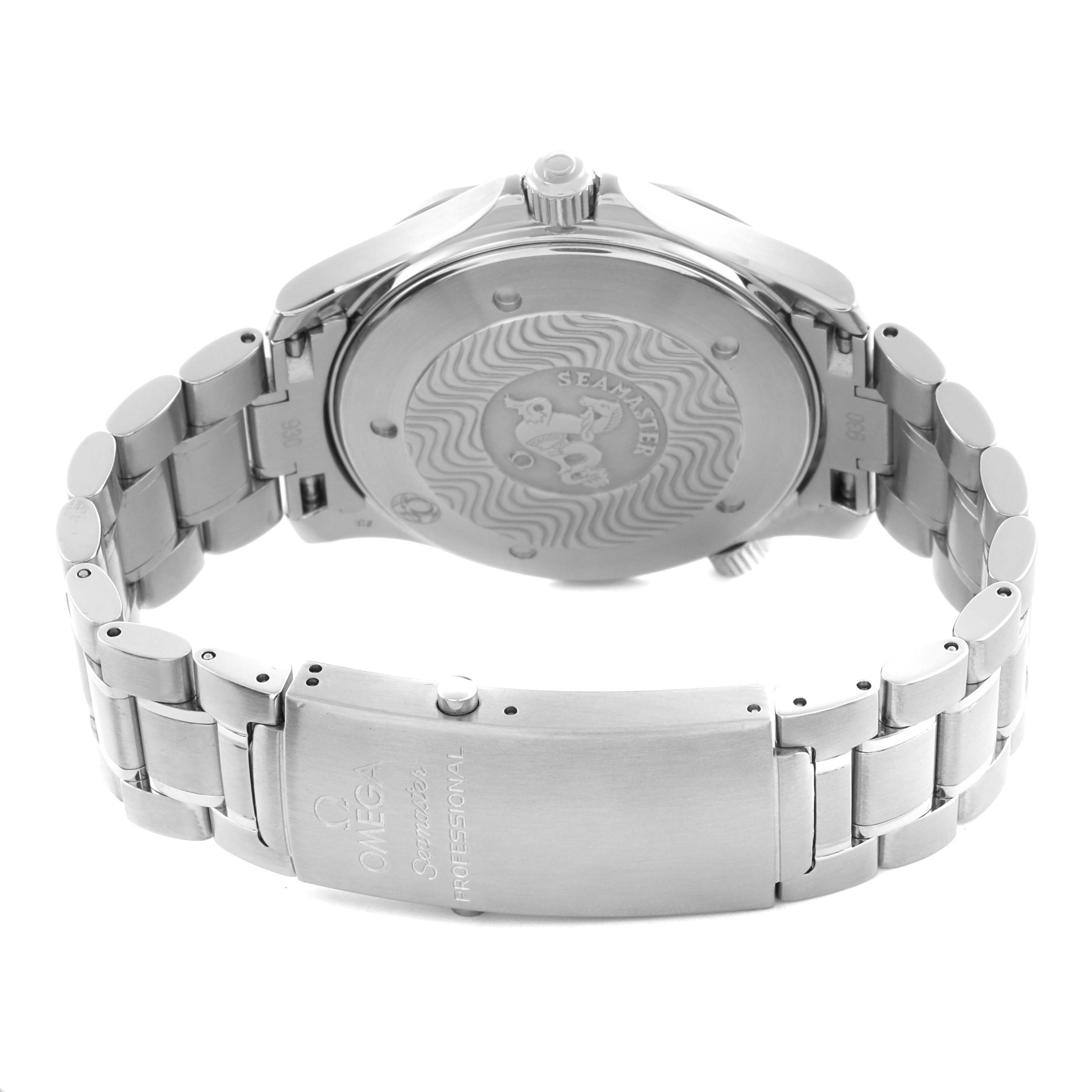 The image shows the back and bracelet of an Omega Seamaster 2255.80.00 Men's Stainless Steel Blue Dial 2255.80.00 Men's Stainless Steel Blue Dial watch, highlighting its clasp and engraved case back.