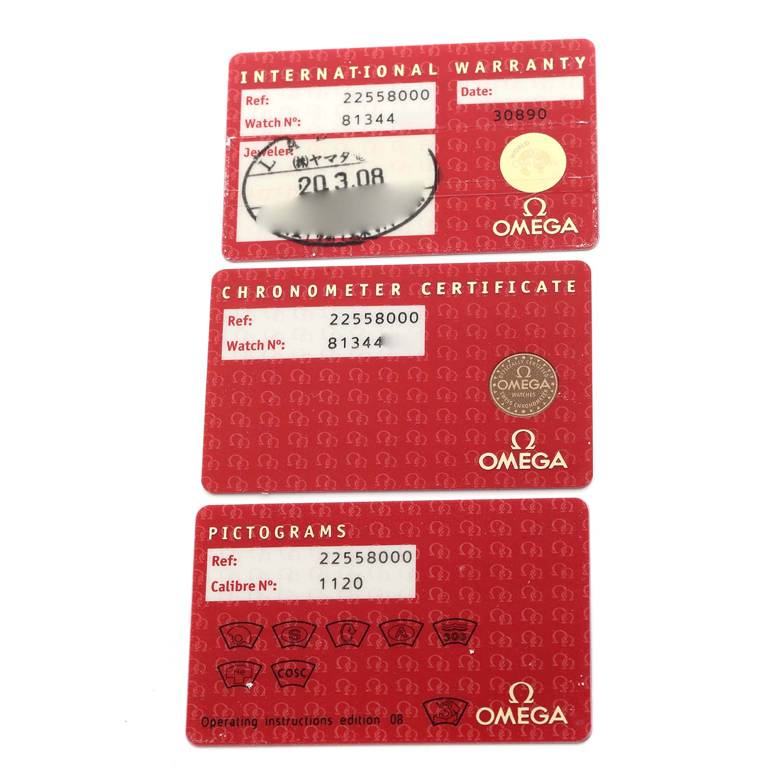 The image shows warranty, chronometer certificate, and pictogram cards for the Omega Seamaster 2255.80.00 Men's Stainless Steel Blue Dial 2255.80.00 Men's Stainless Steel Blue Dial.