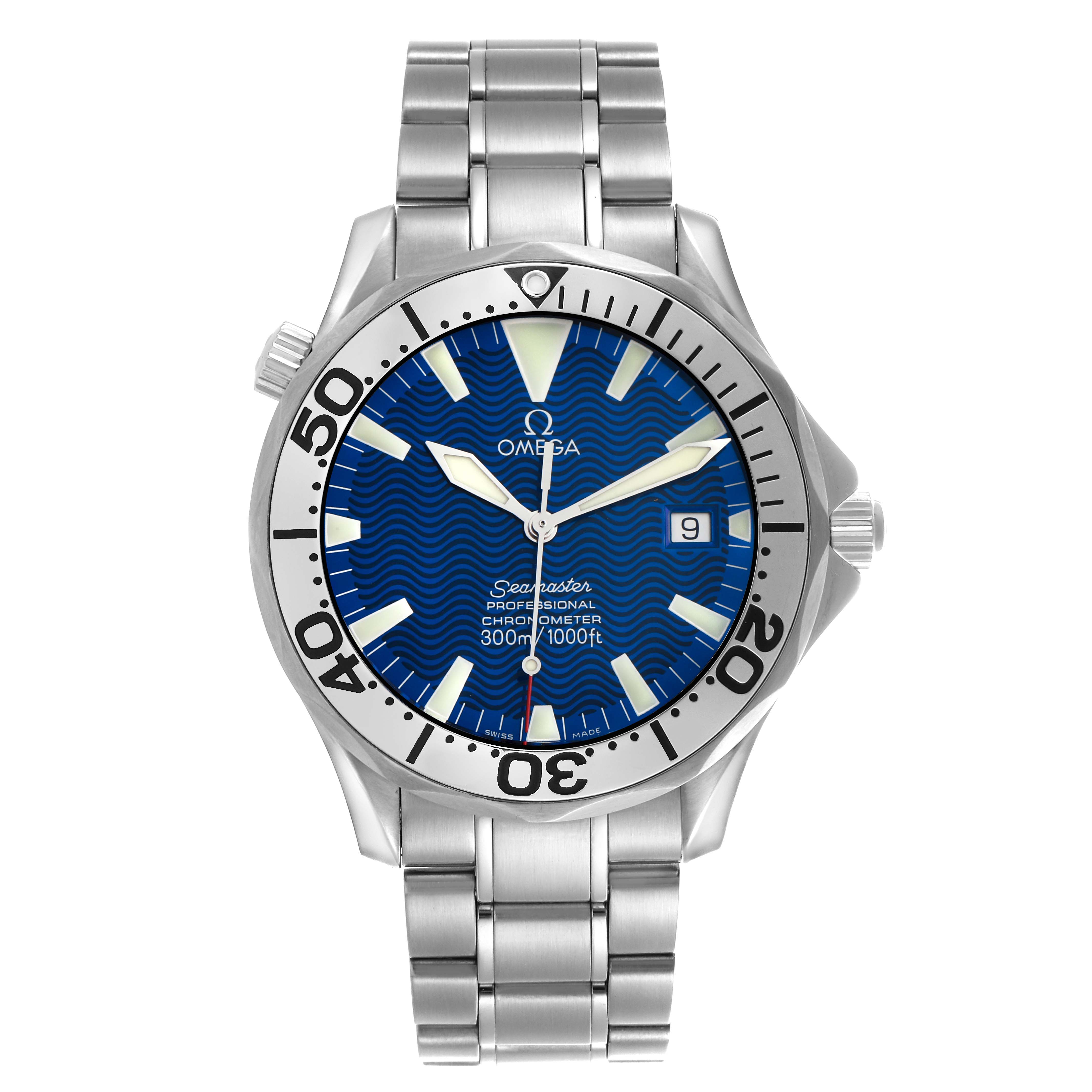 The Omega Seamaster 2255.80.00 Men's Stainless Steel Blue Dial 2255.80.00 Men's Stainless Steel Blue Dial watch is shown from a front angle, displaying the face, bezel, and stainless steel bracelet.