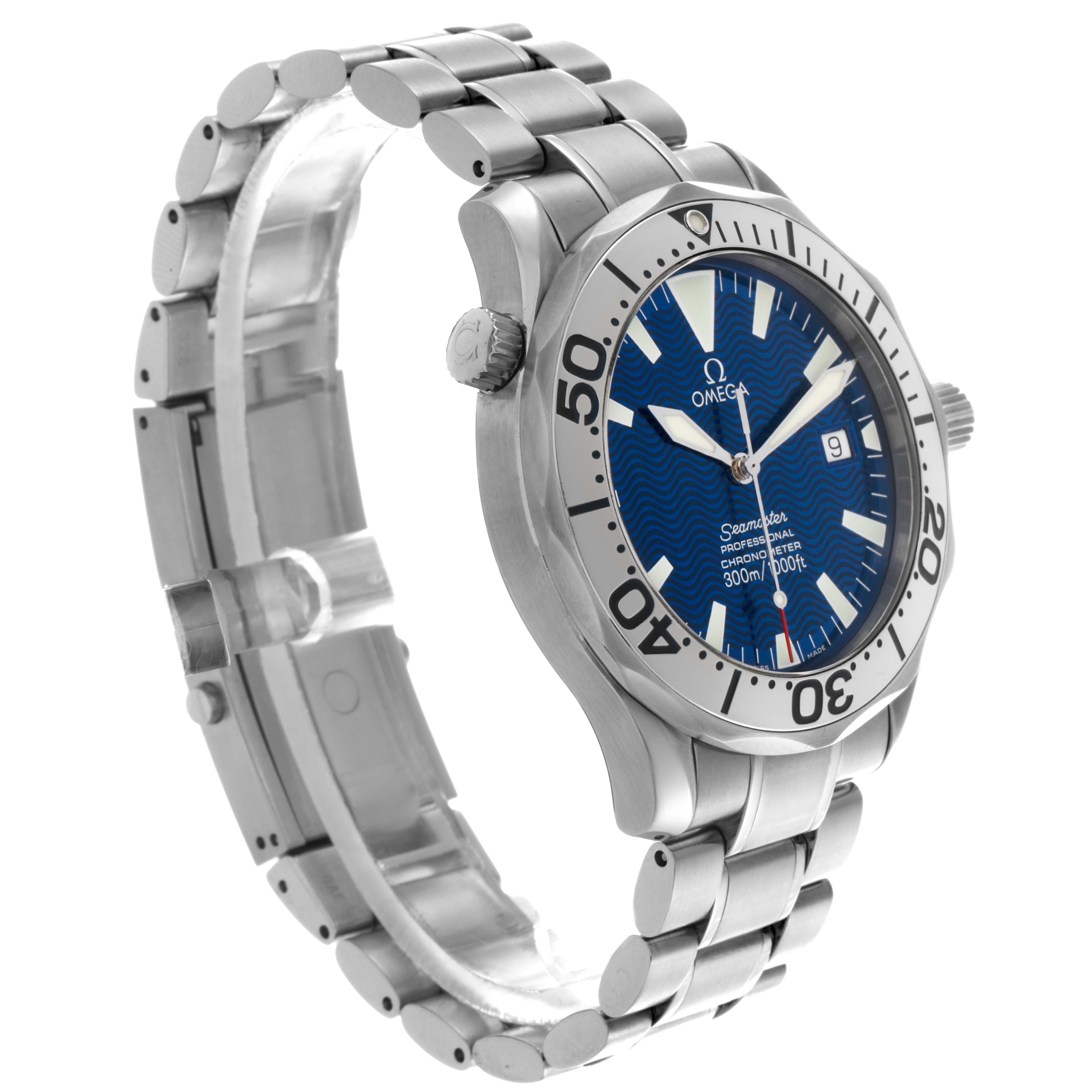 The Omega Seamaster 2255.80.00 Men's Stainless Steel Blue Dial 2255.80.00 Men's Stainless Steel Blue Dial watch is shown at a 3/4 angle, highlighting the dial, bezel, crown, and bracelet.