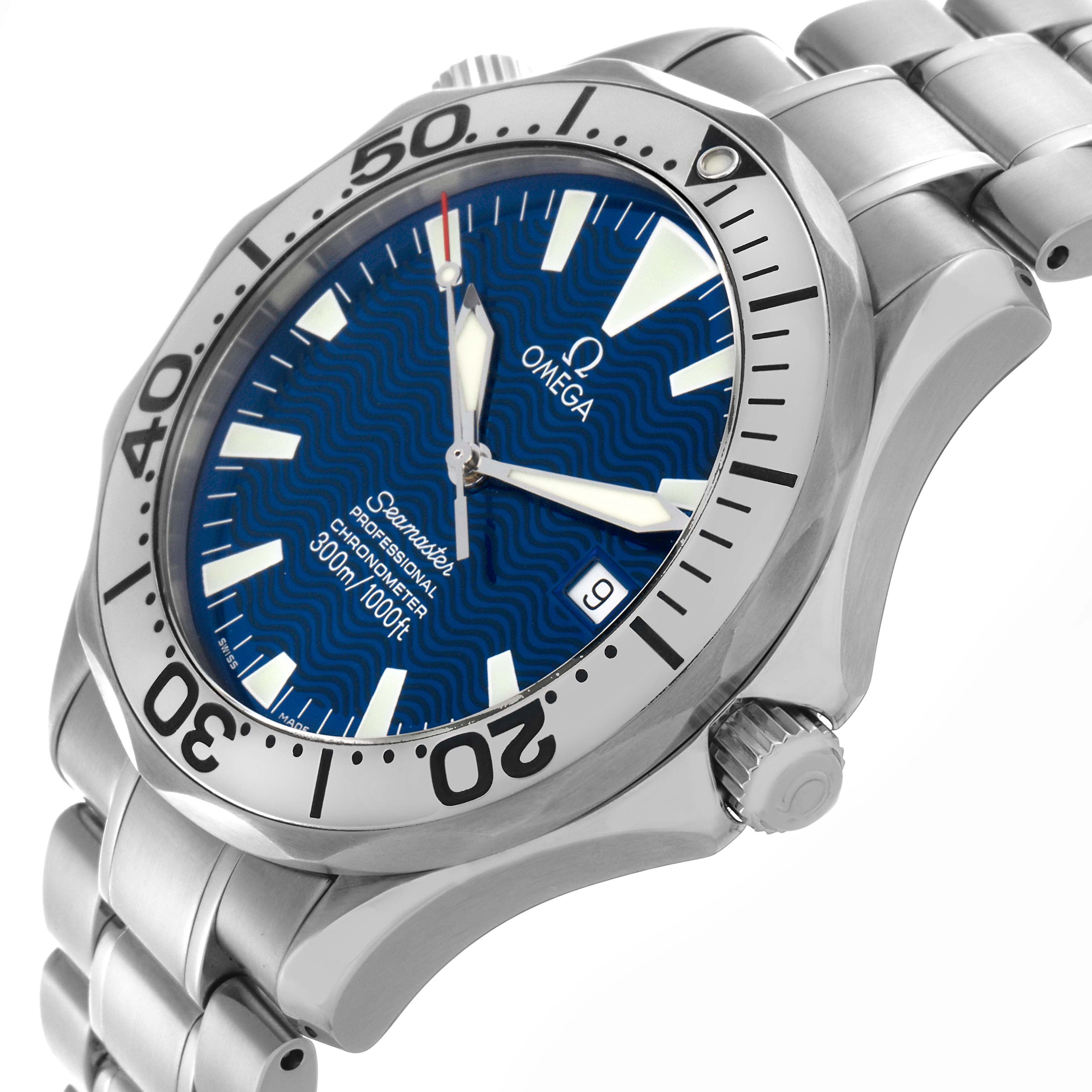 The Omega Seamaster 2255.80.00 Men's Stainless Steel Blue Dial 2255.80.00 Men's Stainless Steel Blue Dial is shown at an angle highlighting the blue dial, bezel, crown, and stainless steel bracelet.