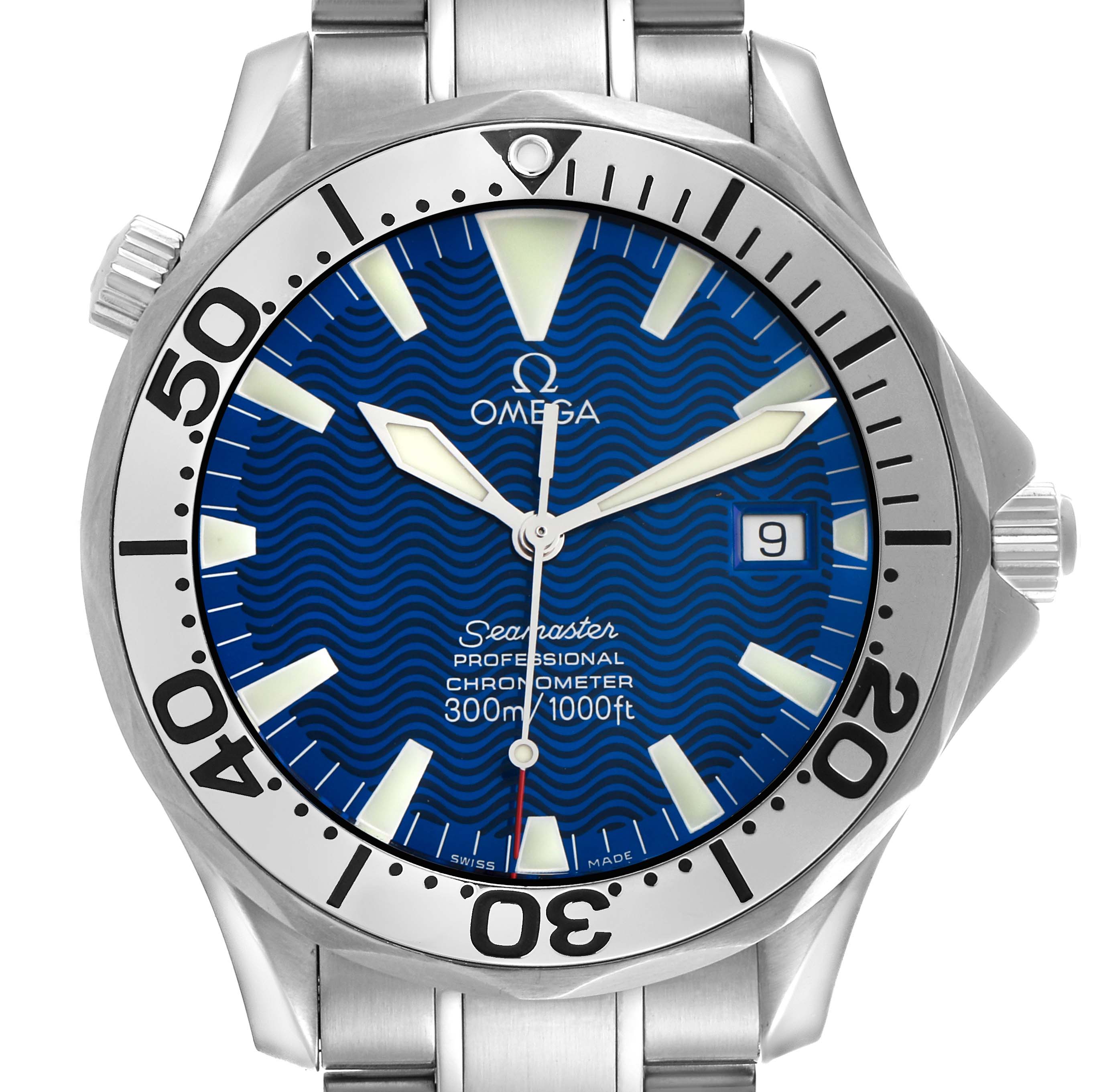 The Omega Seamaster 2255.80.00 Men's Stainless Steel Blue Dial 2255.80.00 Men's Stainless Steel Blue Dial watch is shown from the front, highlighting its bezel, dial, and bracelet.