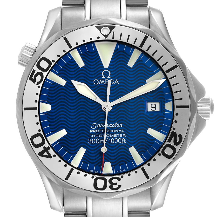 The Omega Seamaster watch is shown from the front, highlighting its bezel, dial, and bracelet.