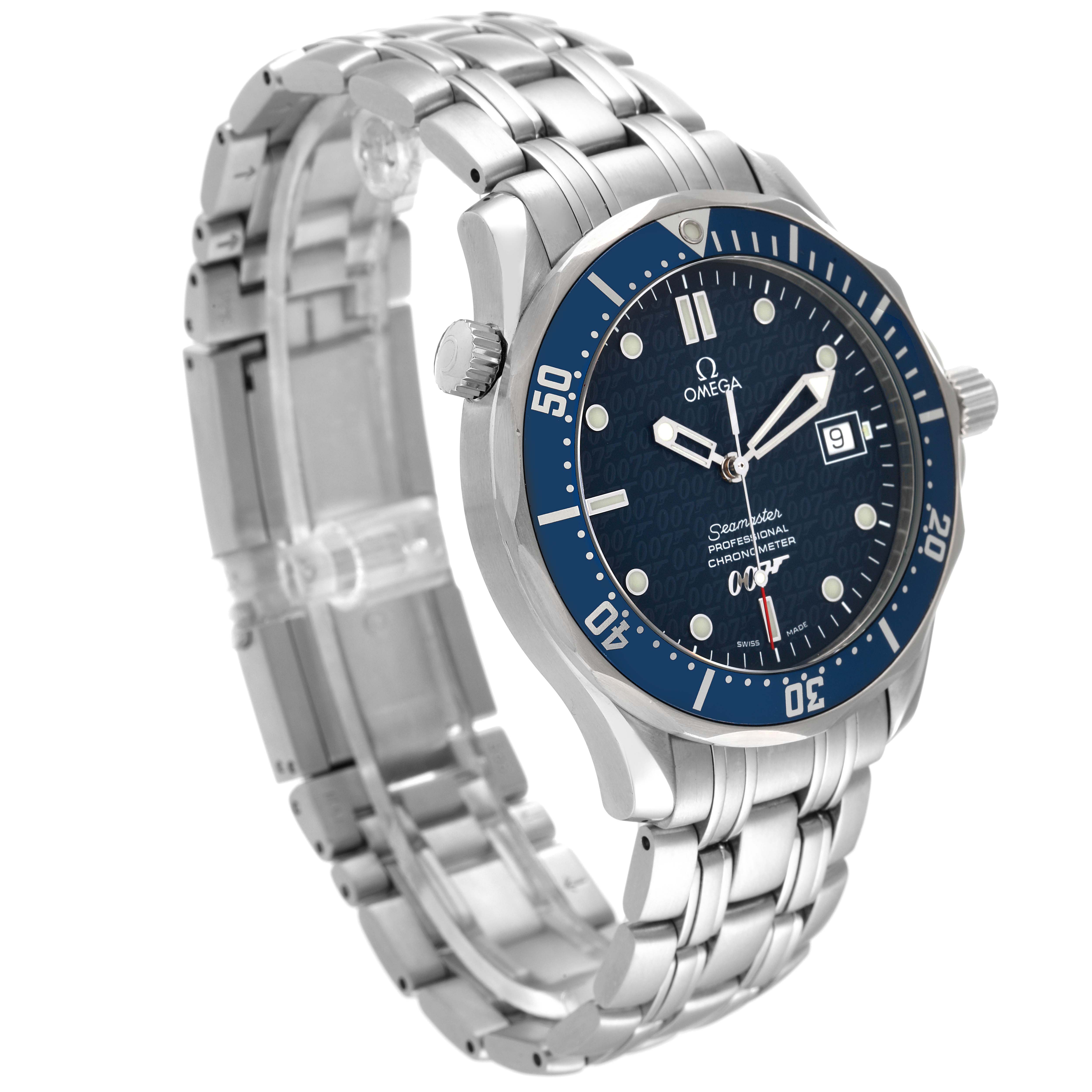 This Omega Seamaster 2537.80.00 Men's Stainless Steel Blue Dial 2537.80.00 Men's Stainless Steel Blue Dial watch is shown at a three-quarter angle, displaying the face, bezel, crown, and metallic bracelet.