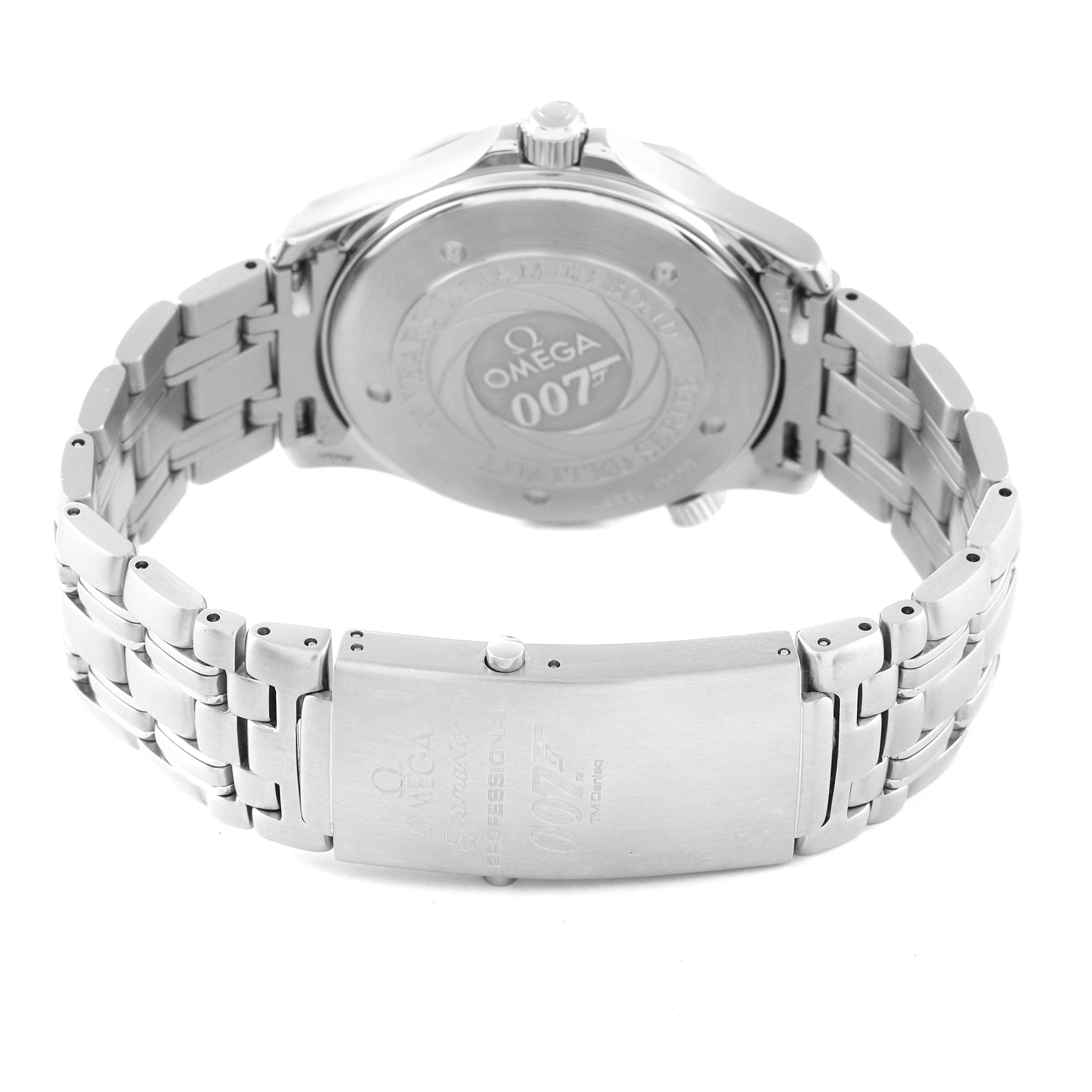 The image shows the back and bracelet of an Omega Seamaster 2537.80.00 Men's Stainless Steel Blue Dial 2537.80.00 Men's Stainless Steel Blue Dial watch, featuring a 007 engraving on the case and clasp.