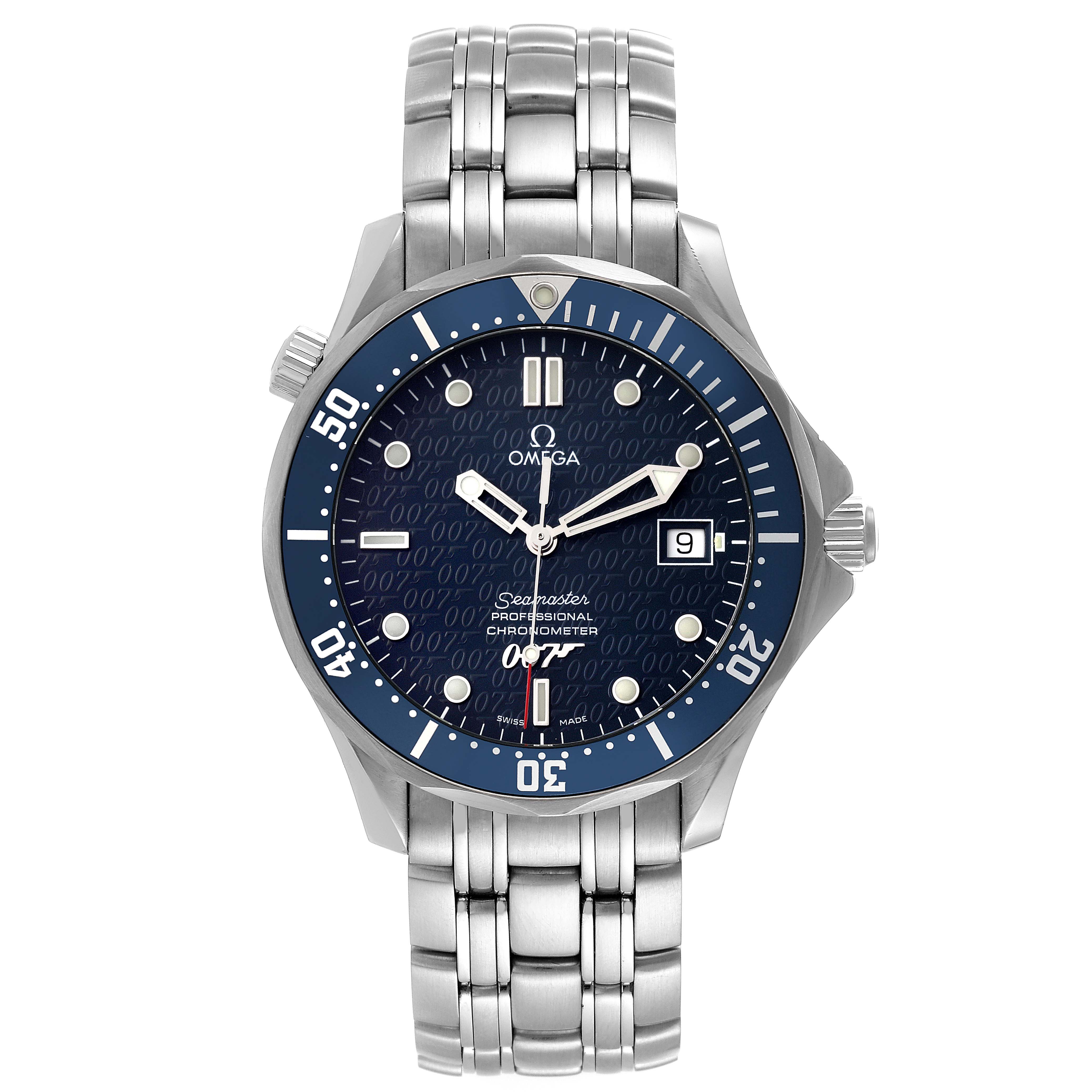 The image shows a front view of the Omega Seamaster 2537.80.00 Men's Stainless Steel Blue Dial 2537.80.00 Men's Stainless Steel Blue Dial watch with a blue dial, silver bracelet, and date display.
