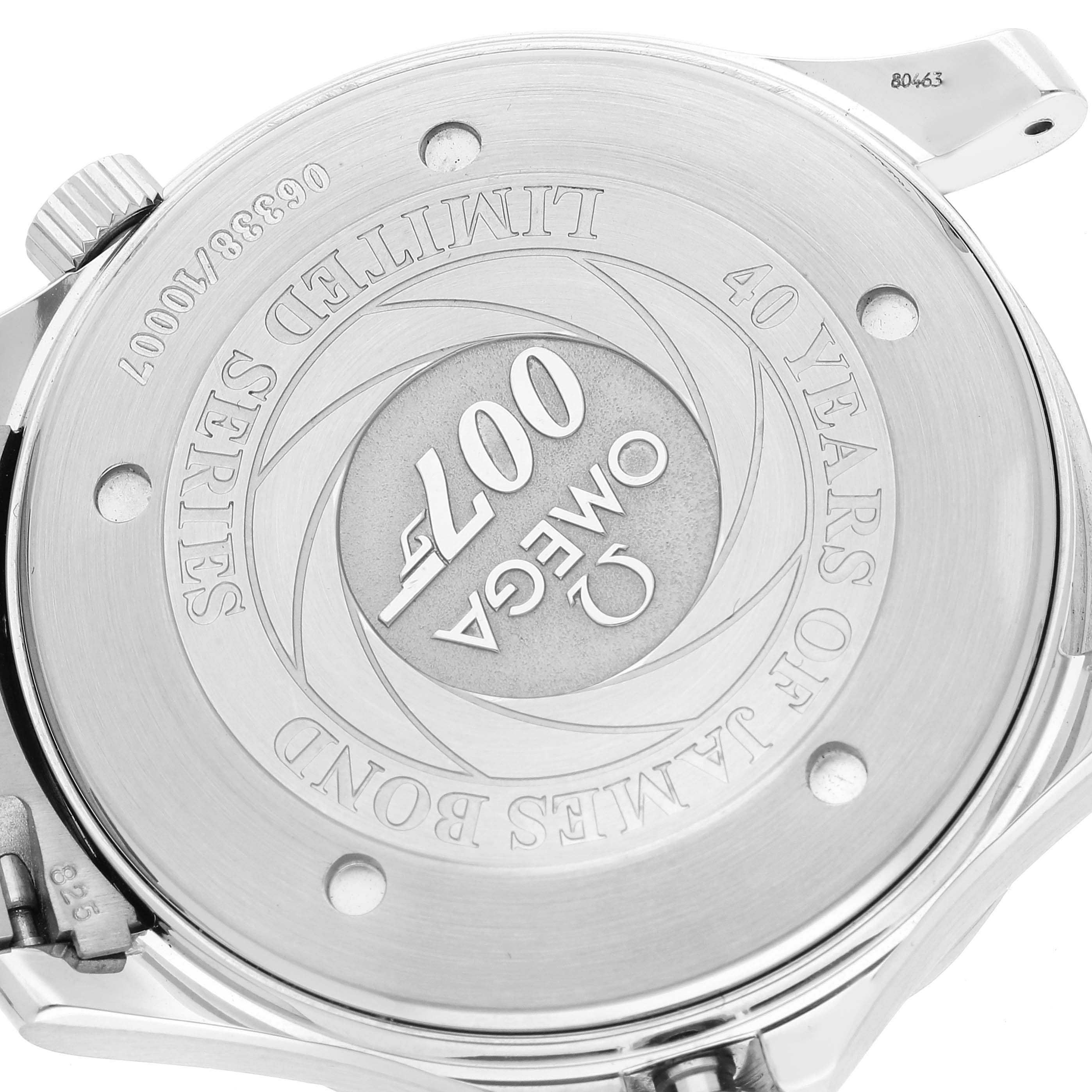 The image shows the back case of an Omega Seamaster 2537.80.00 Men's Stainless Steel Blue Dial 2537.80.00 Men's Stainless Steel Blue Dial watch, featuring a special James Bond 007 limited edition engraving.