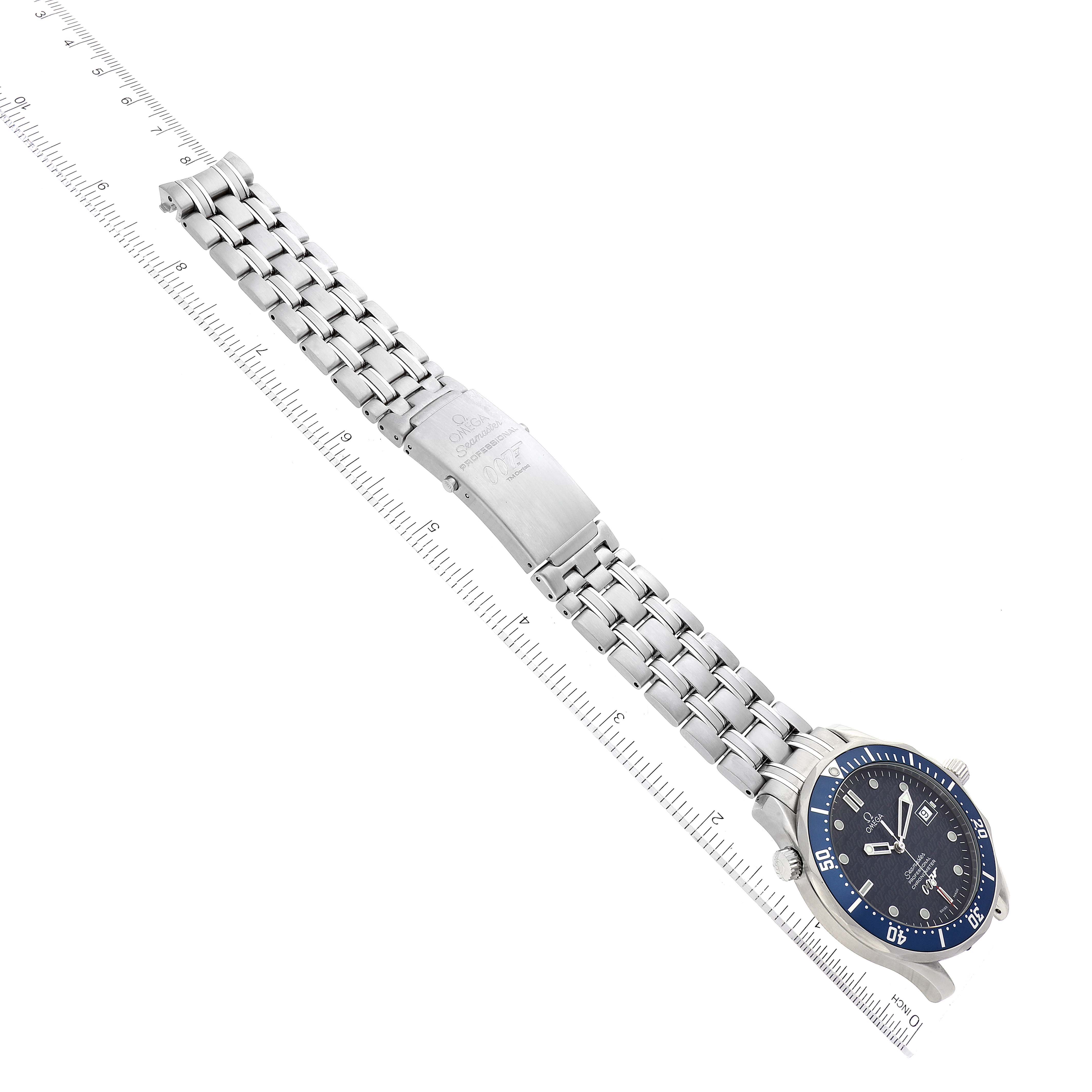 The Omega Seamaster 2537.80.00 Men's Stainless Steel Blue Dial 2537.80.00 Men's Stainless Steel Blue Dial watch is shown at a diagonal angle, displaying the blue face, stainless steel bracelet, and clasp.