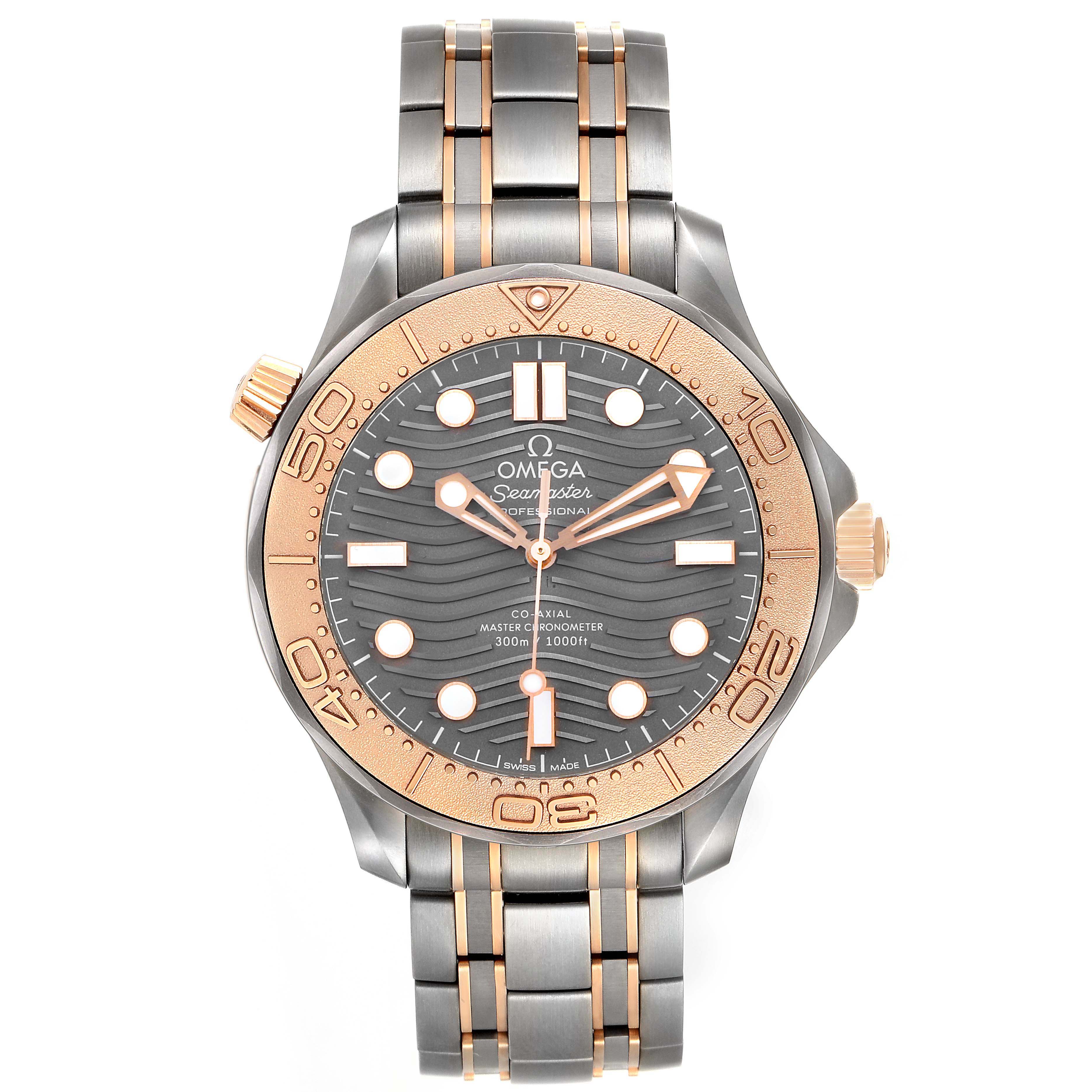 The Omega Seamaster 210.60.42.20.99.001 Men's Titanium Grey Dial watch is shown from the front, highlighting its face, bezel, bracelet, and crown.